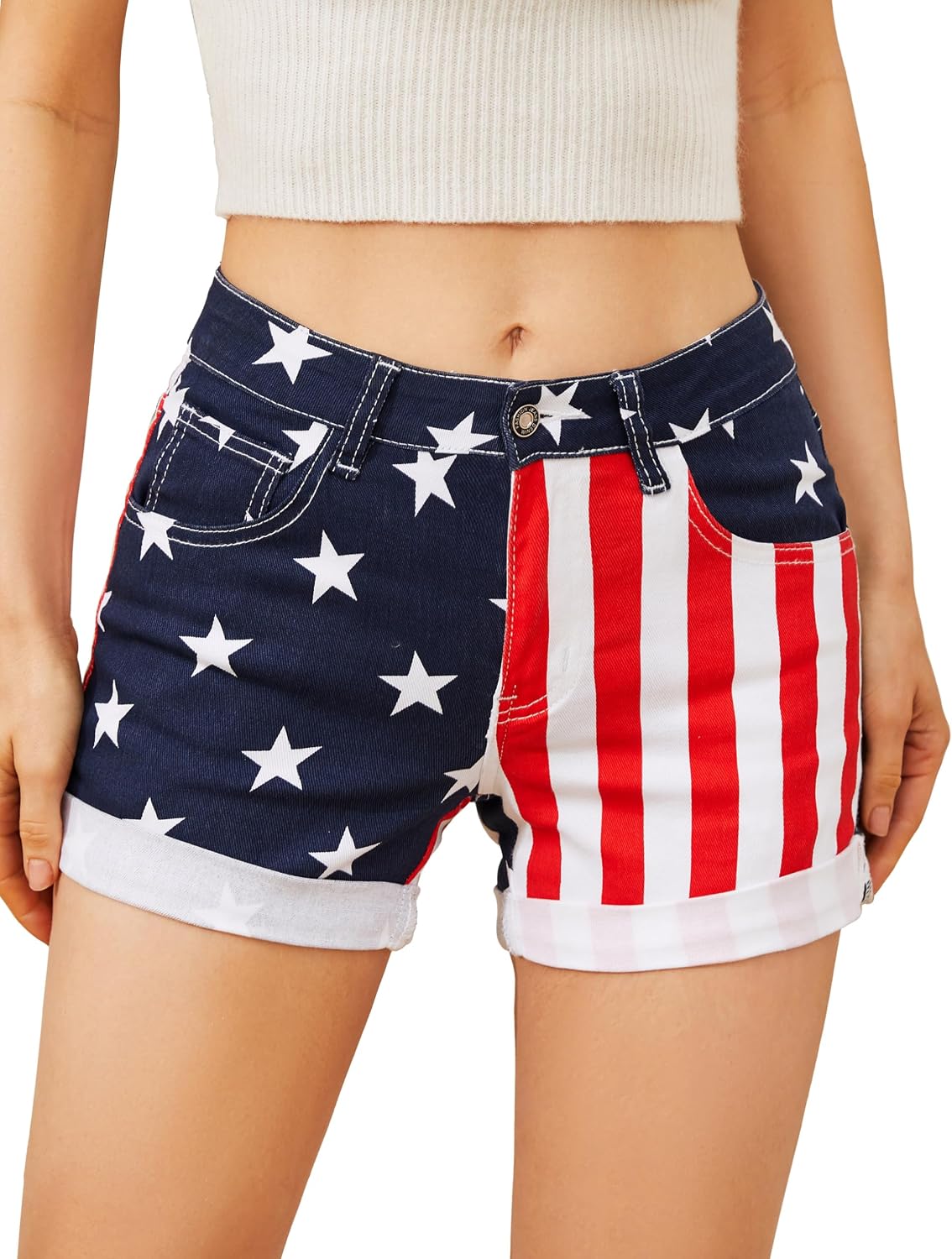 4th of July Gifts Jean Shorts Womens American Flag Jorts 4" Stretchy Denim Shorts