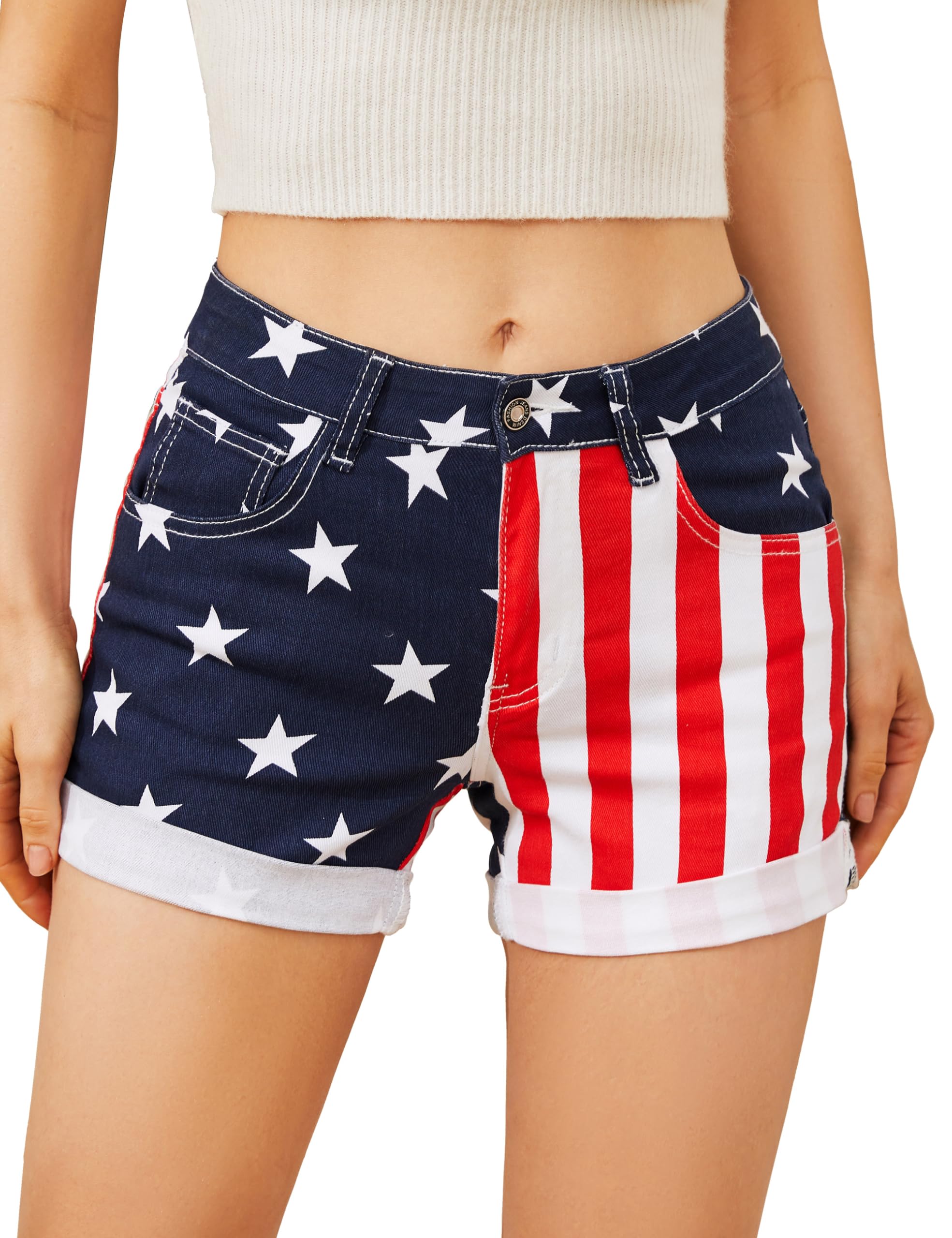YXLUOKY 4th of July Gifts Jean Shorts Womens American Flag Jorts 4" Stretchy Denim Shorts