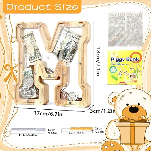 Miniatura 2 de Alcancía de madera con letras para niños y niñas, alcancías personalizadas de madera de la A a la Z, doble transparente, alfabeto, billetes,