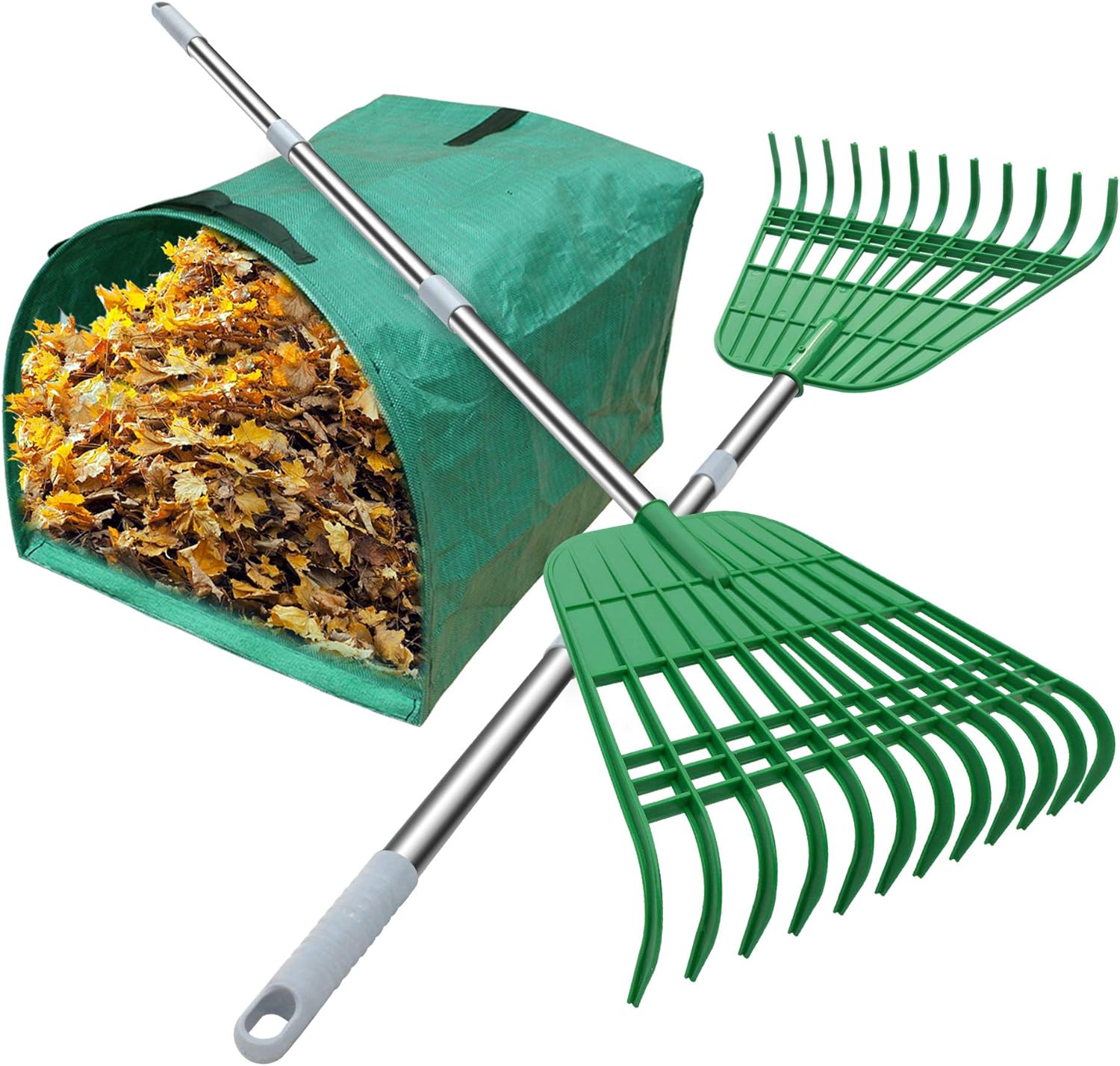 Gardzen 12 Tines Gardening Leaf Rake, Lightweight Steel Handle, Detachable, Ideal Camp Rake, Comes with Dustpan-Type Garden Bag, 2 Pack