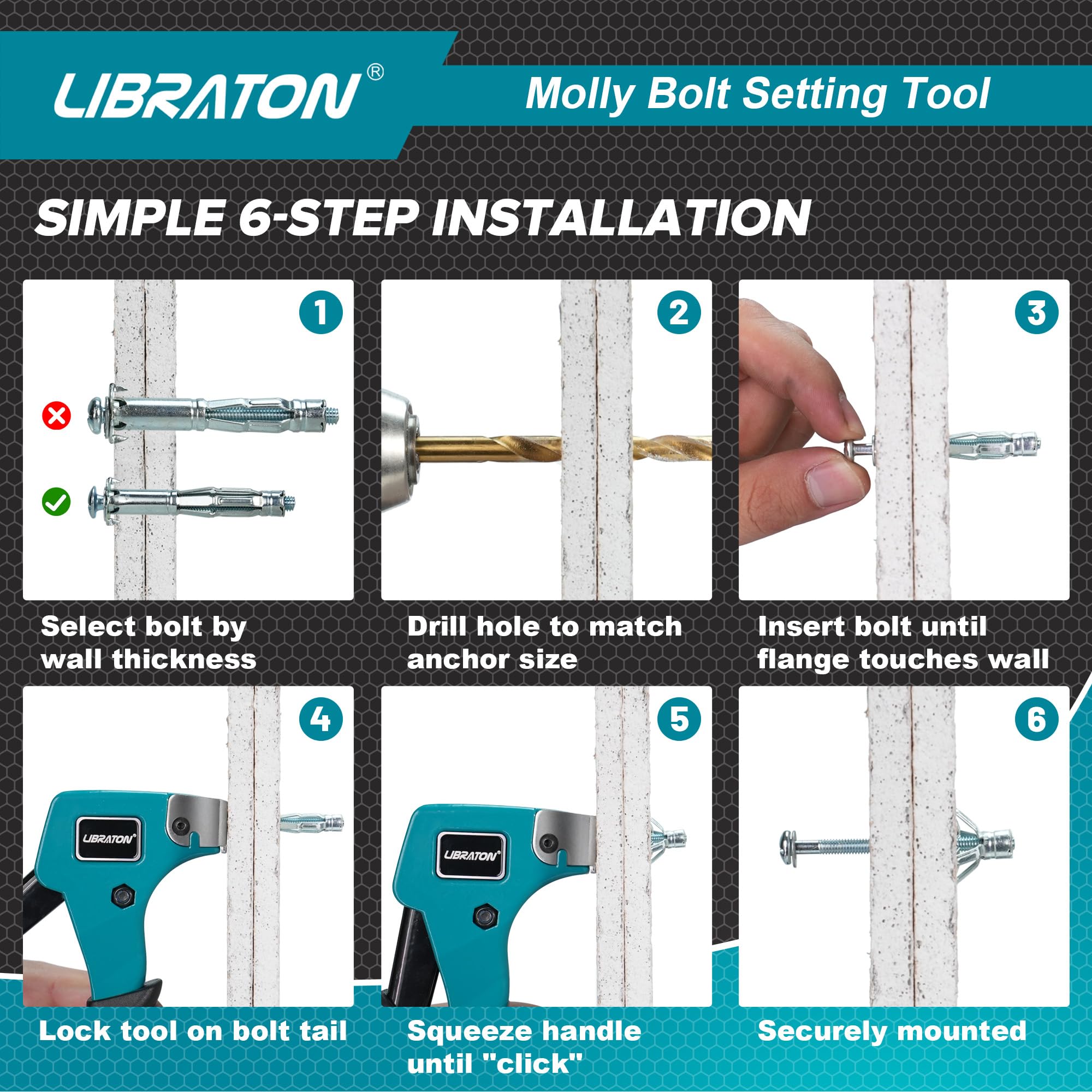 LIBRATON Kit de 30 Chevilles Molly Métalliques avec Pince, 6 Tailles Métalliques pour Placo/Plâtre (3-38mm), Ancrage Creux Charge Lourde 65 lbs, Pour TV, Étagère, Miroir