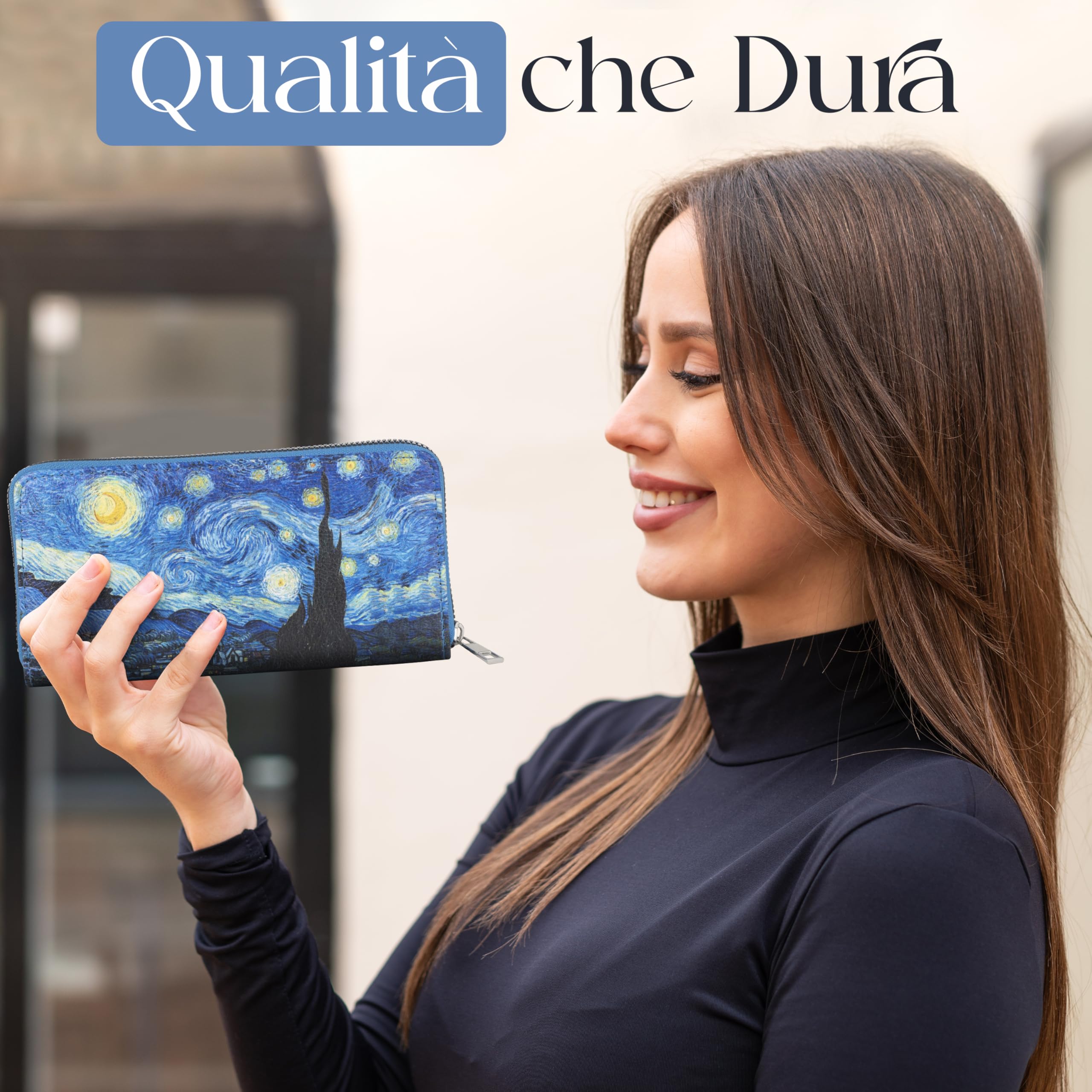 Portafoglio Donna Grande in Morbida Pelle Sintetica con Portamonete e 12 Slot per Carte e Tessere | Elegante Borsellino con Zip, Stampa Notte Stellata
