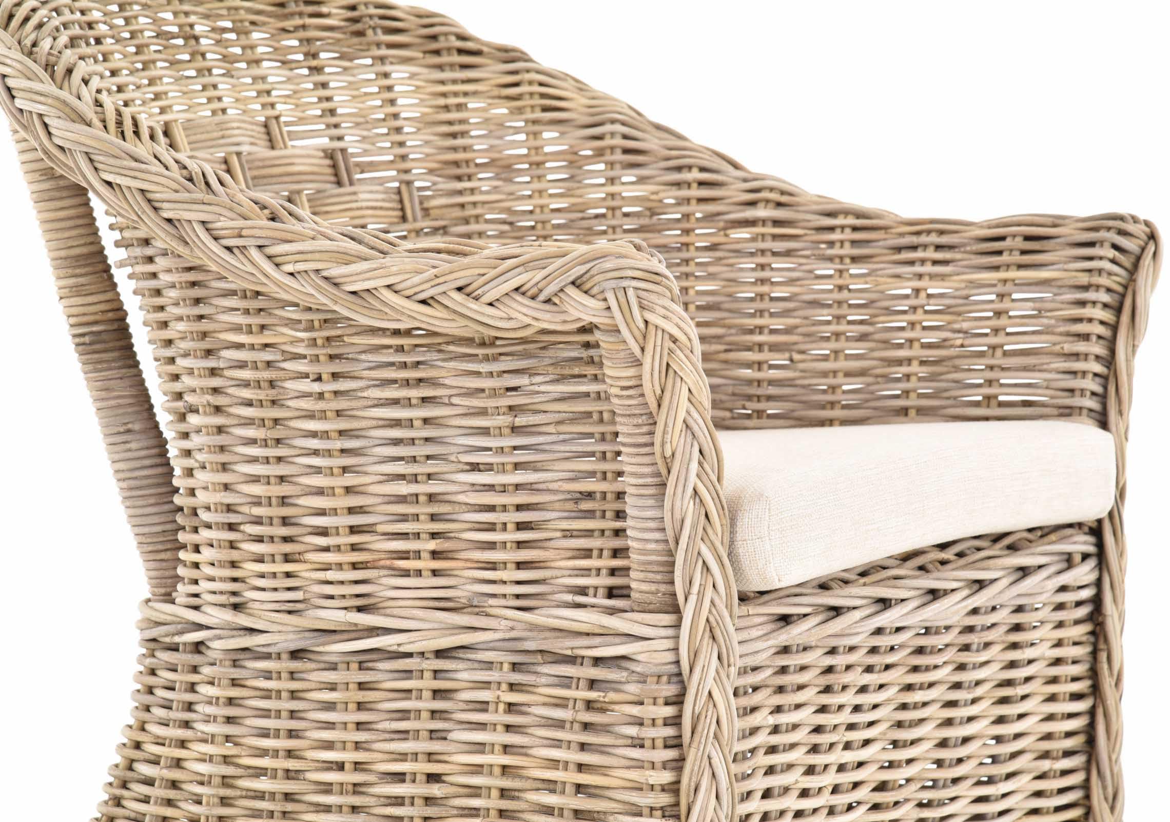 Fotel rattanowy naturalny/fotel do jadalni, kosz z tapicerką, beżowy/rattanowy, krzesło rattanowe z podłokietnikami, fotel pleciony (z tapicerką, szary, naturalny)