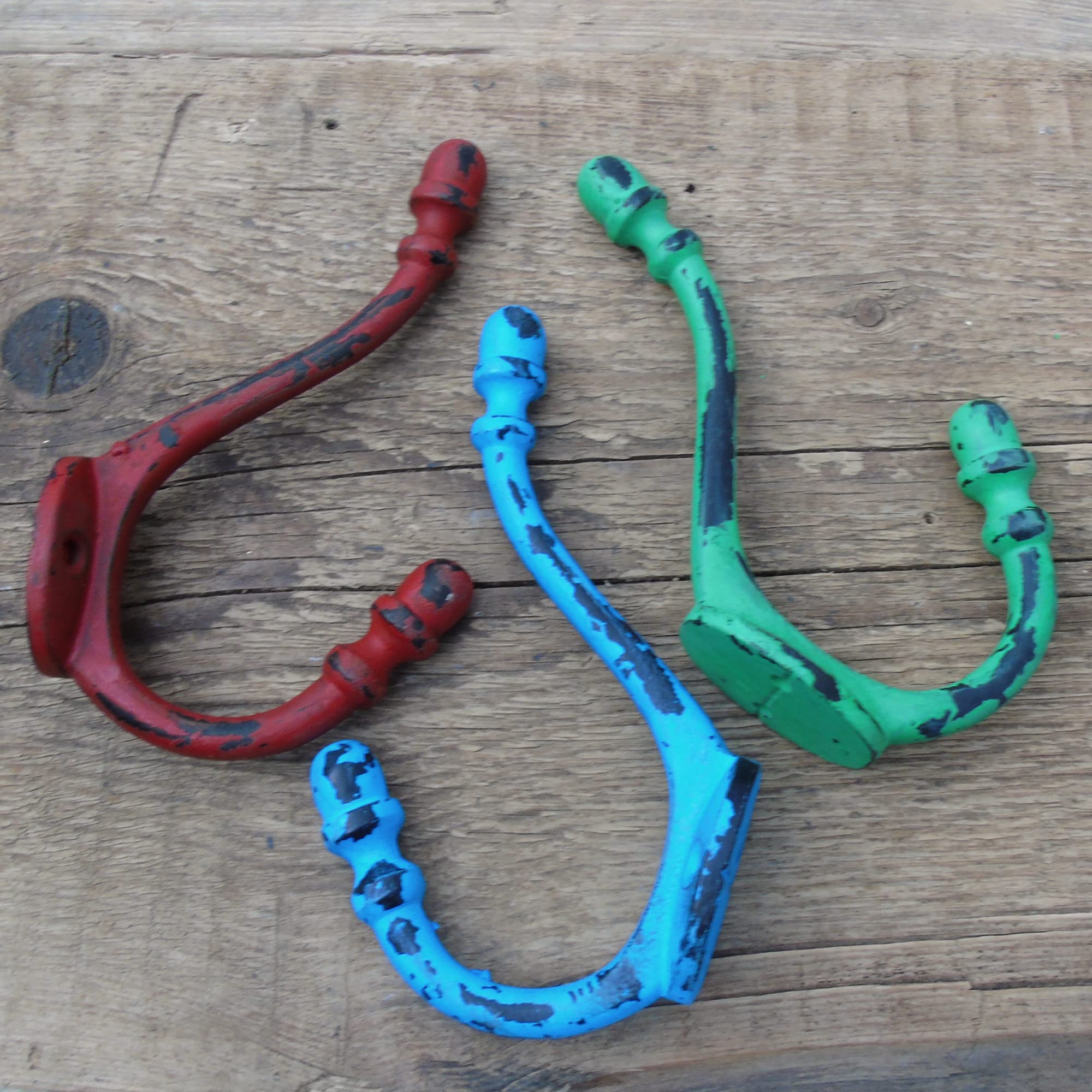 Jones & Grey Green Red Blue Set Of 3 Vintage Style Multi Coloured Cast Iron Double Wall Hooks