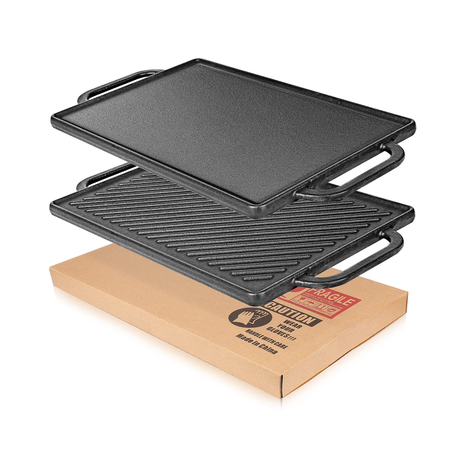 GFTIME Piastre in ghisa 33 x 21 cm per forno, fornelli e grill, piastre in ghisa, reversibili, griglia in ghisa, griglia per cottura e grill 2 in 1, 1 confezione