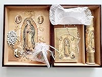 Vista 2 de Caja de Primera Comunión con Vela, Biblia, Rosario y12 ORGANZAS CON ROSARIOS DE LA Virgen DE Guadalupe. Juego De Primera Comunión, Vela para nina