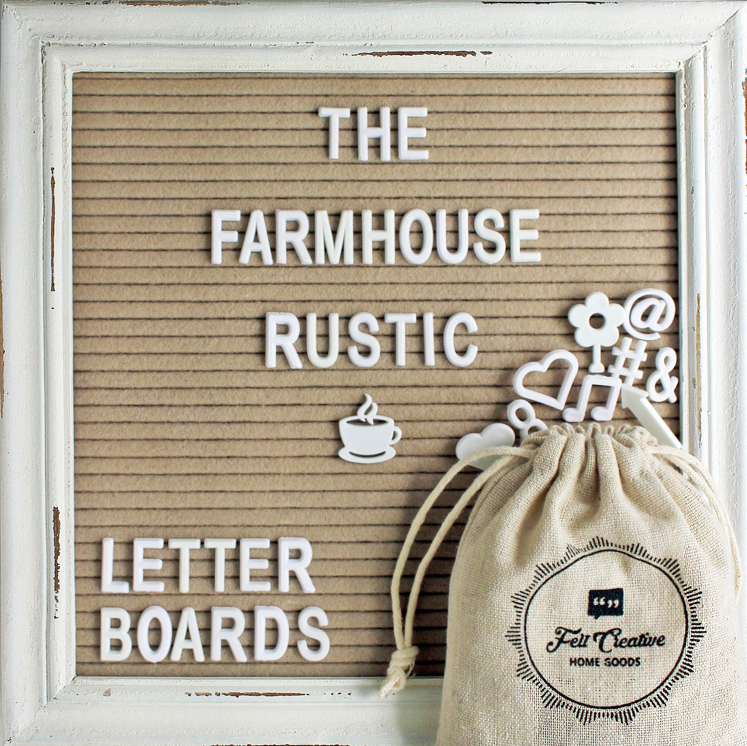 Buy Felt Letter Board with Rustic White Wood Farmhouse Vintage Frame