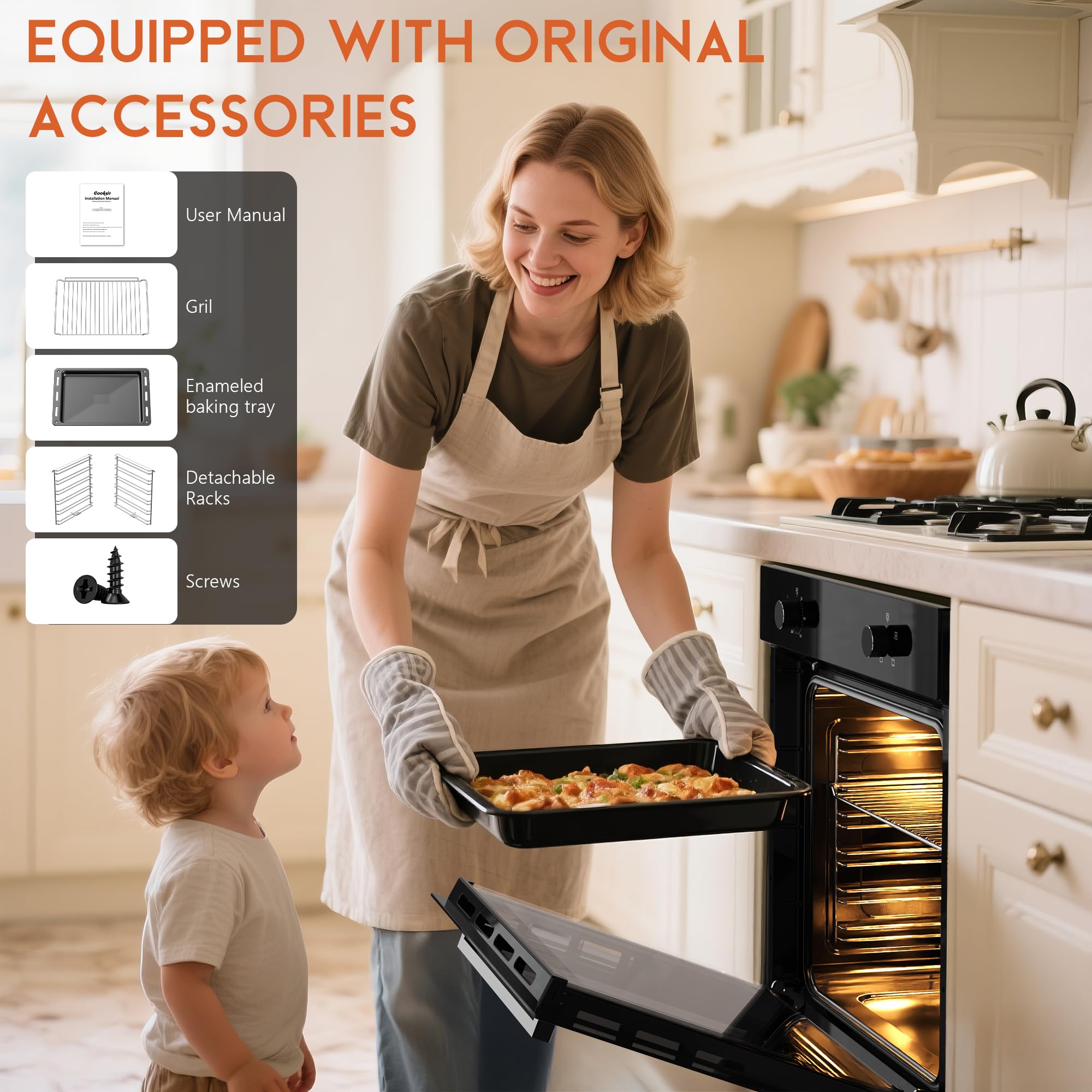 Four Encastrable 60CM, Four Grande Capacité 65 Liters avec Prise, 2200W, 4 Fonctions, Bouton Rotatif Mécanique, Double Tube Supérieur, Ventilateur de Refroidissement Einbaubackofen 60cm