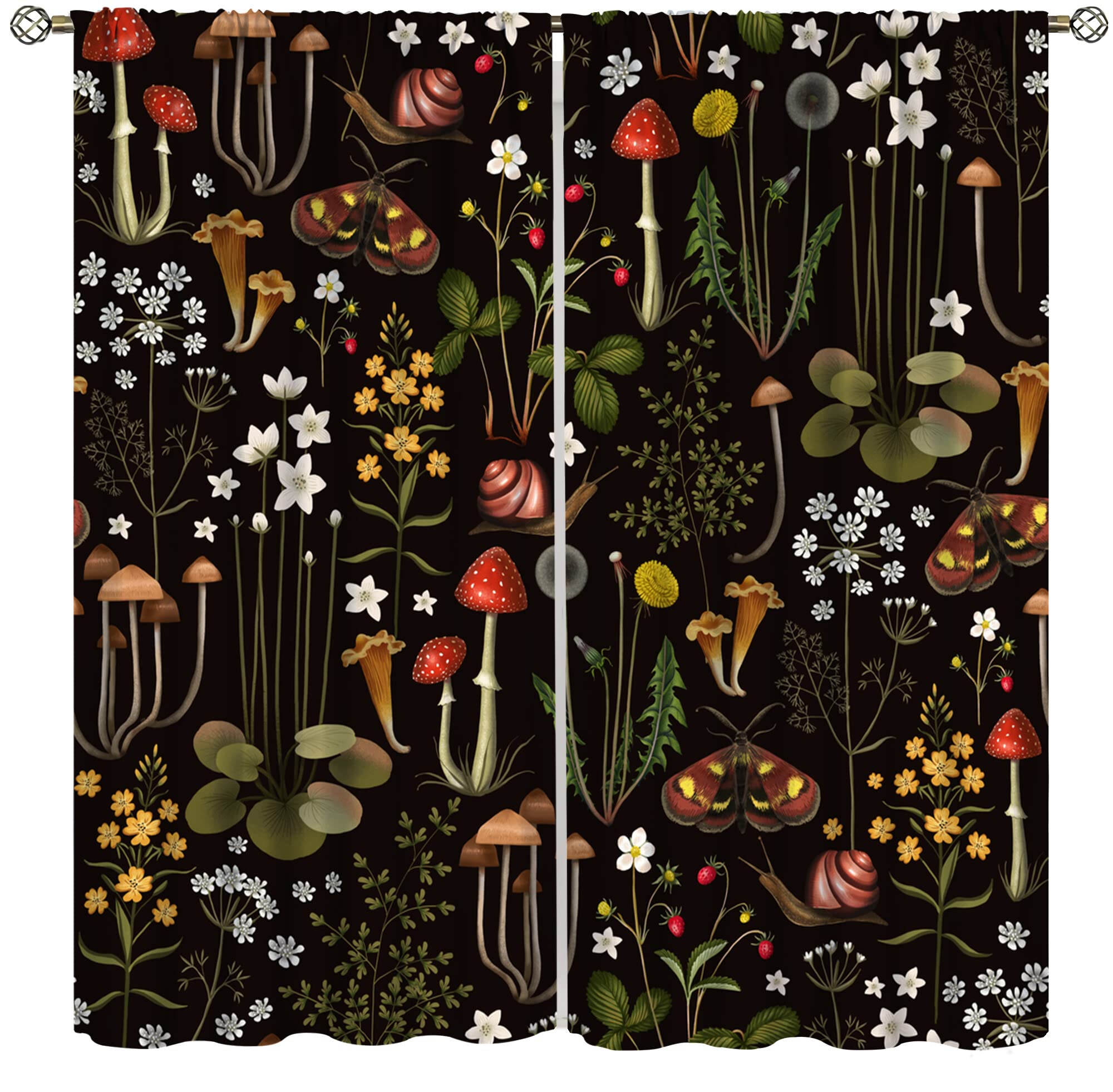 Mushroom Curtains,Forest Plant Moth Retro Cartoon Pattern Printed Curtains for Children Boys and Girls Home Bedroom Living Room Curtains 72x63in