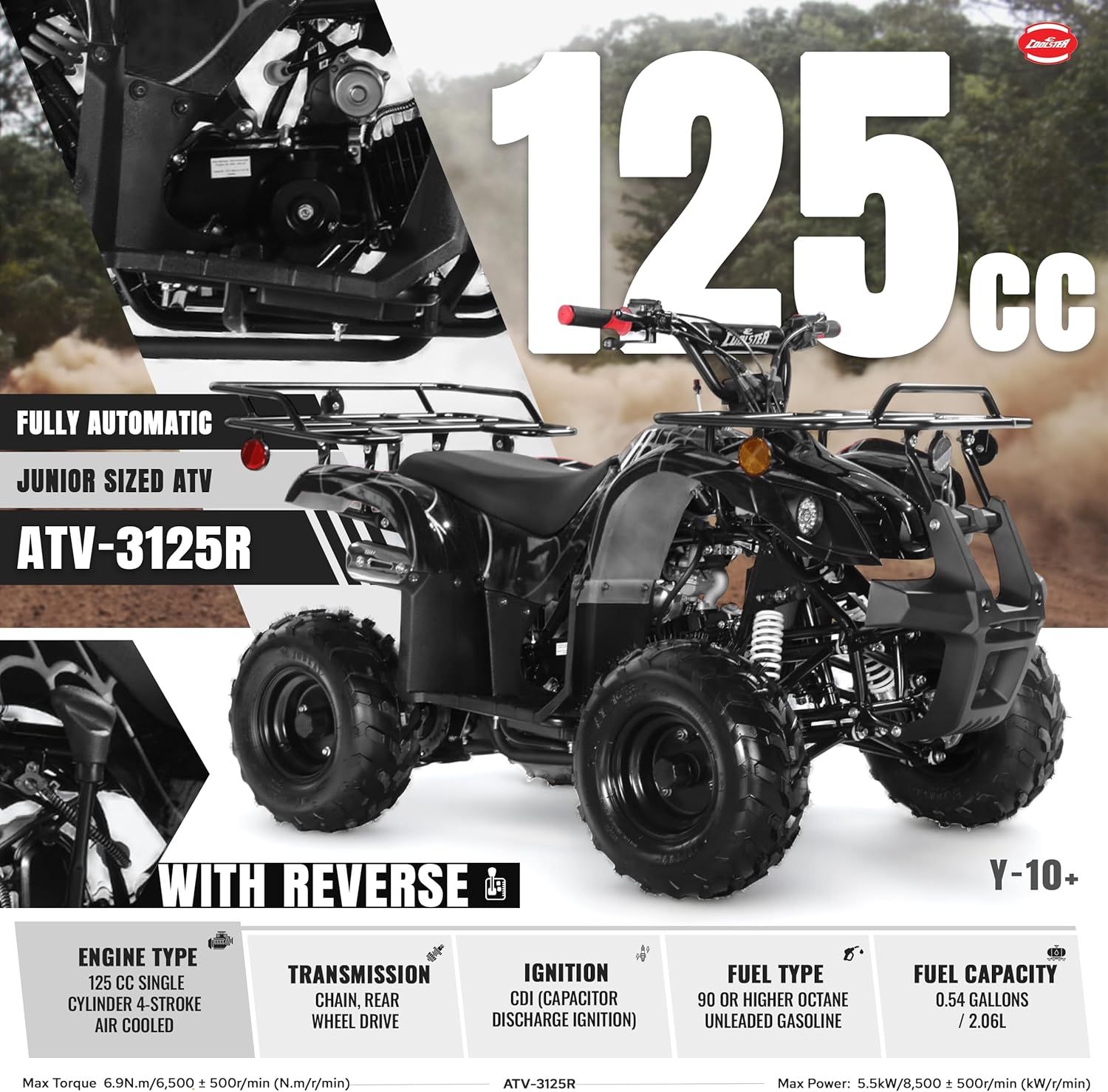 Coolster 125cc ATV for Kids & Adults, Spider Black - Gas Powered Automatic 4 Wheeler Quad with Electric Start, ATV-3125R