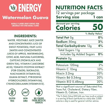 V8 Energy Watermelon Guava Energy Drink, 8 fl oz Can (12 Pack)