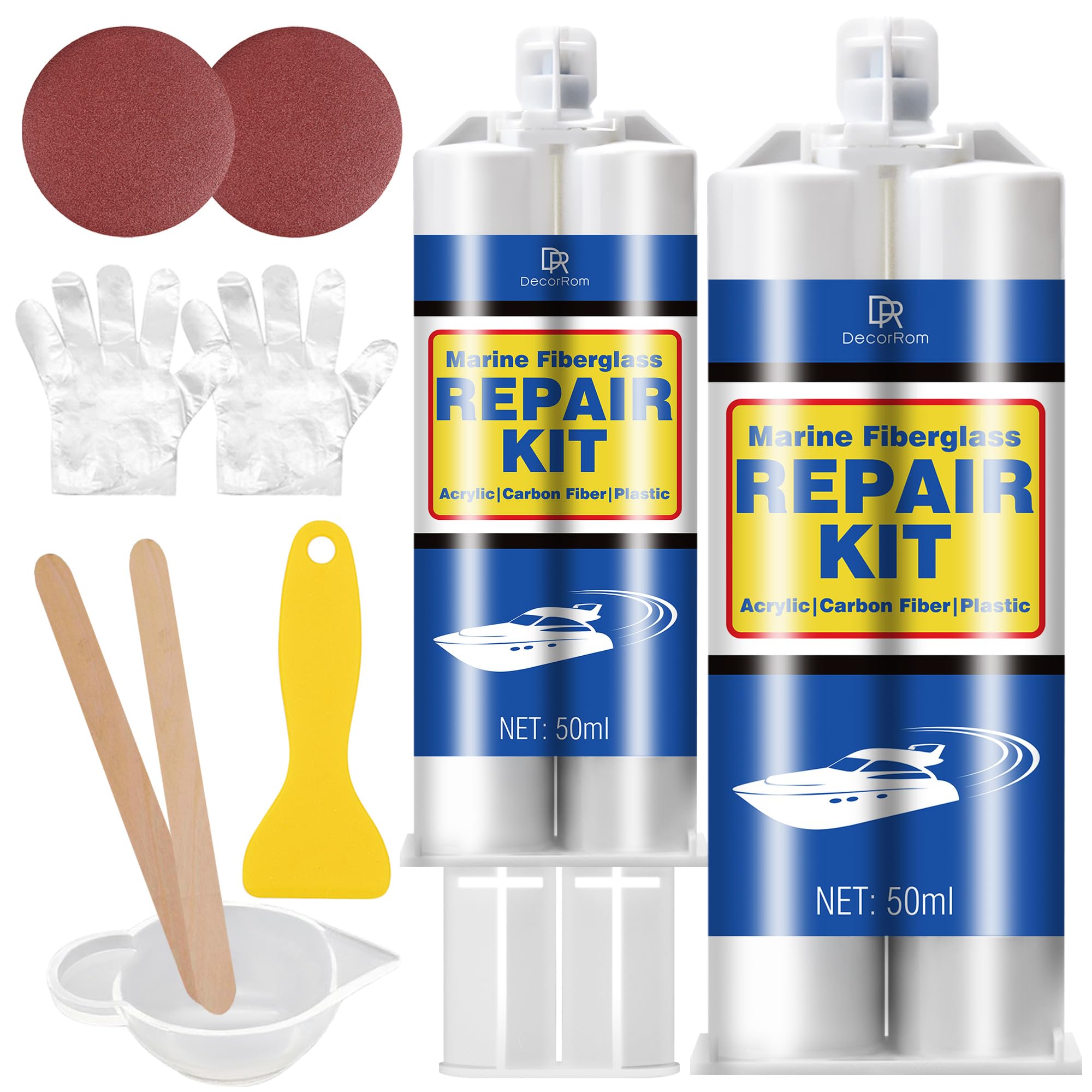 Marine Fiberglass Repair Kit - 100ml White Gel Coat & Gelcoat Kit for Boats, Fiberglass Repair Epoxy Filler, Fast Repair for Scratches, Cracks, Holes, Fiber Glass Patch for Acrylic, Porcelain