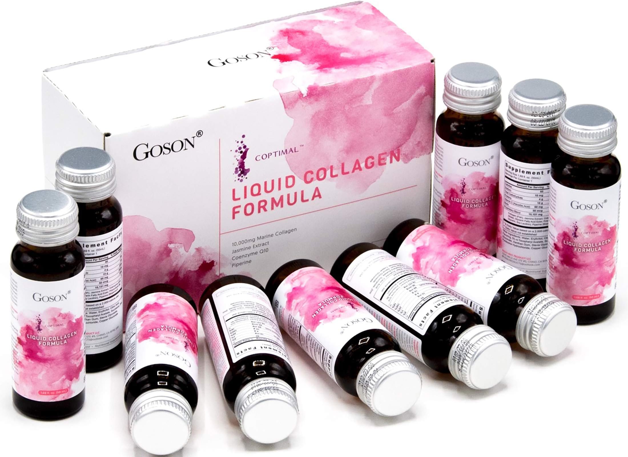 Goson Hydrolyzed Liquid Collagen Drink, 10,000mg Wild-Caught Marine Collagen Peptide per Bottle with Jasmine Extract, Q10, Coenzyme, Piperine (1 Box, 10 Bottles, Citrus Flavor)