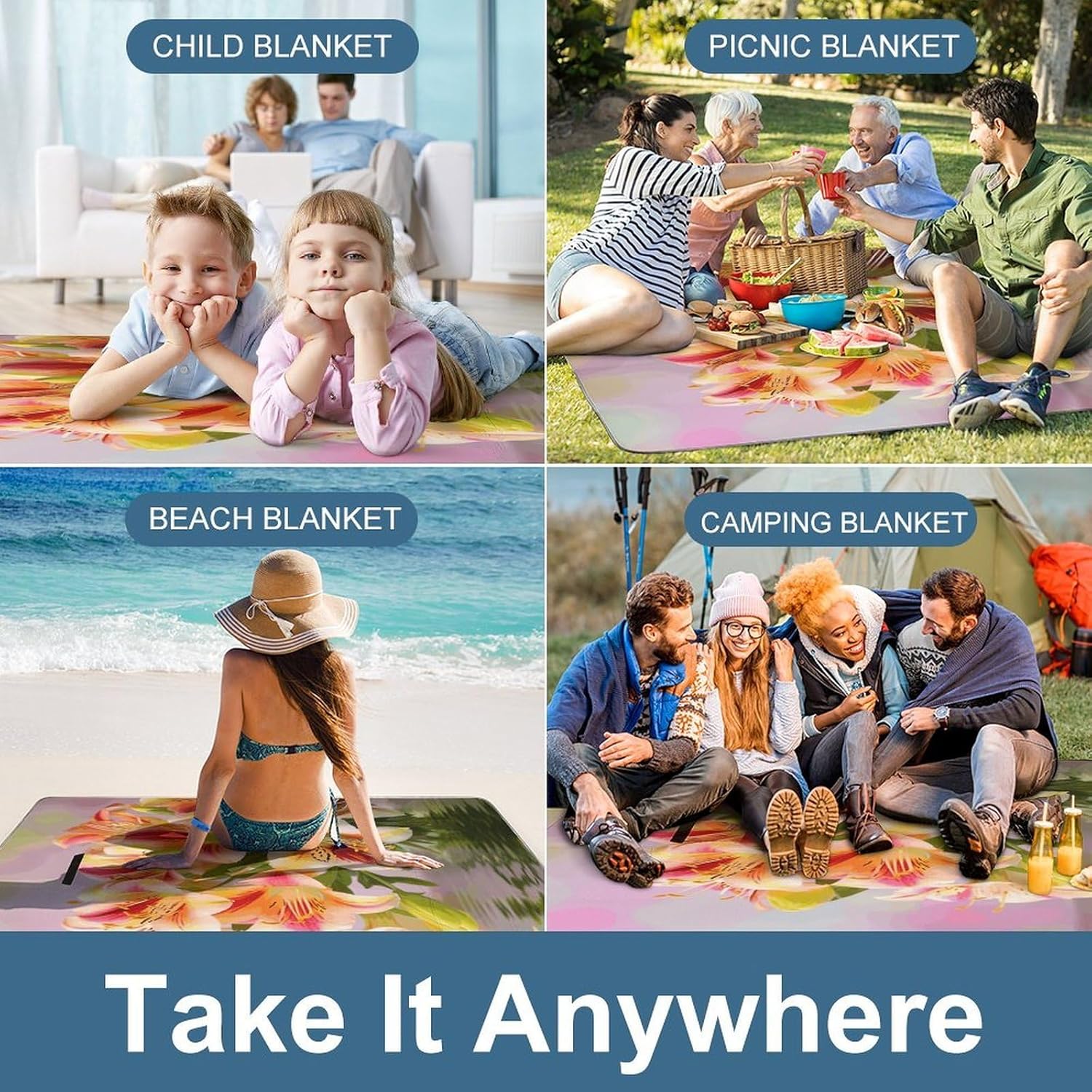 Alstroemeria Waterproof Picnic Blanket 58.3''x58.3'',Portable and Foldable Picnic Mat with Handle,Outdoor Blankets for Lawn Park Beach Travel