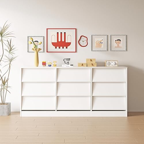 9-Drawer Dressers for Bedroom,Wooden Dresser TV Stand,Storage Cabinet Drawers Handle Free,Modern Chest of Drawer Organizer Unit for Hallway,Living Room,White