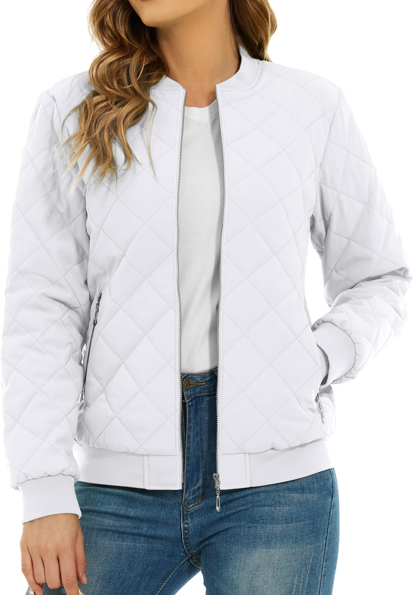 Women's Diamond Quilted Jackets Full Zip Winter Bomber Jacket Padded Coats Casual Warm Jacket with Pockets