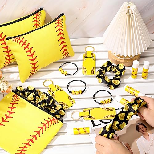 Miniatura 2 de Heigble 12 juegos de regalos de sóftbol para niñas, regalos de fiesta de sóftbol con coleteros de sóftbol, bolsa de maquillaje de softbol, bálsamo