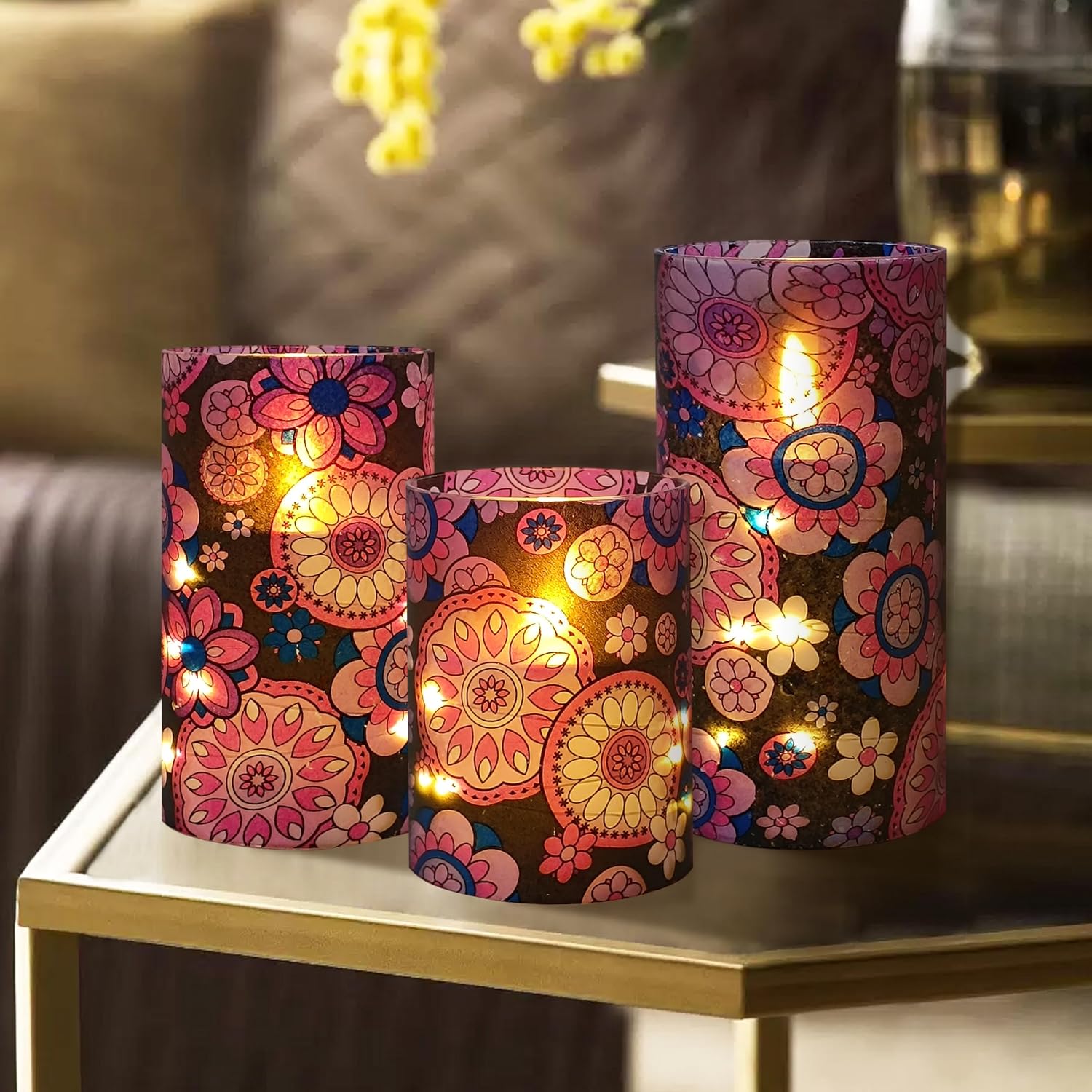 Printed Flameless Candles with String Lights,Set of 3 Black Flower Battery Operated Candle,Flickering LED Pillar Candles with 10-Key Timer Remote for Home Decor Party