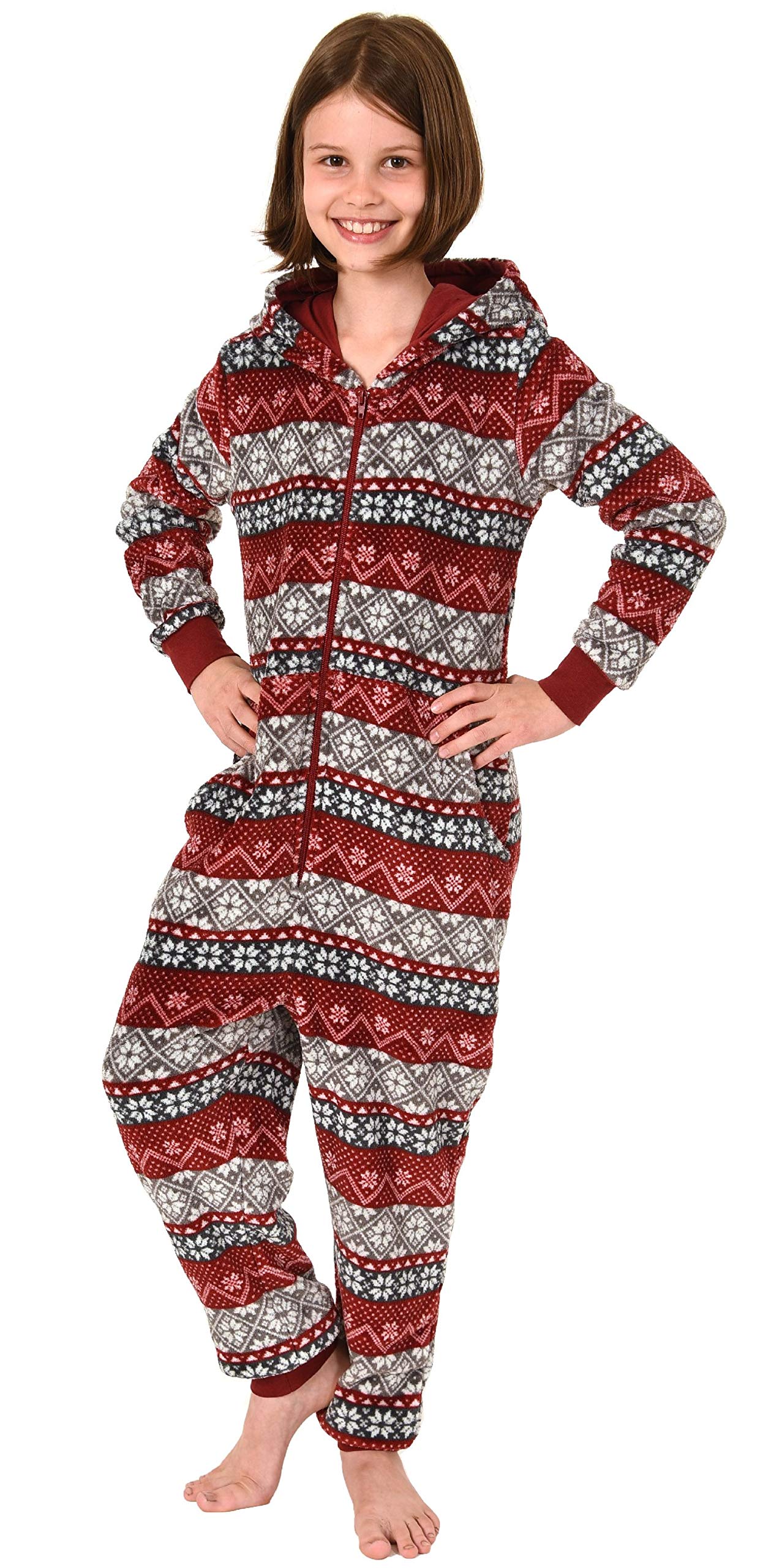 Mädchen Jumpsuit Overall Schlafanzug – Norweger-Motiv, Langarm Mit Kapuze, 100% Polyester, Gr. 176