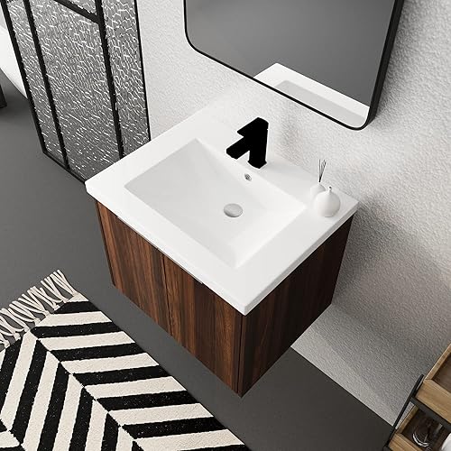 Miniatura 6 de Pvillez Juego de tocador de baño de 24 pulgadas con lavabo, juego de armario de baño montado en la pared con lavabo de gel y puerta de gabinete de