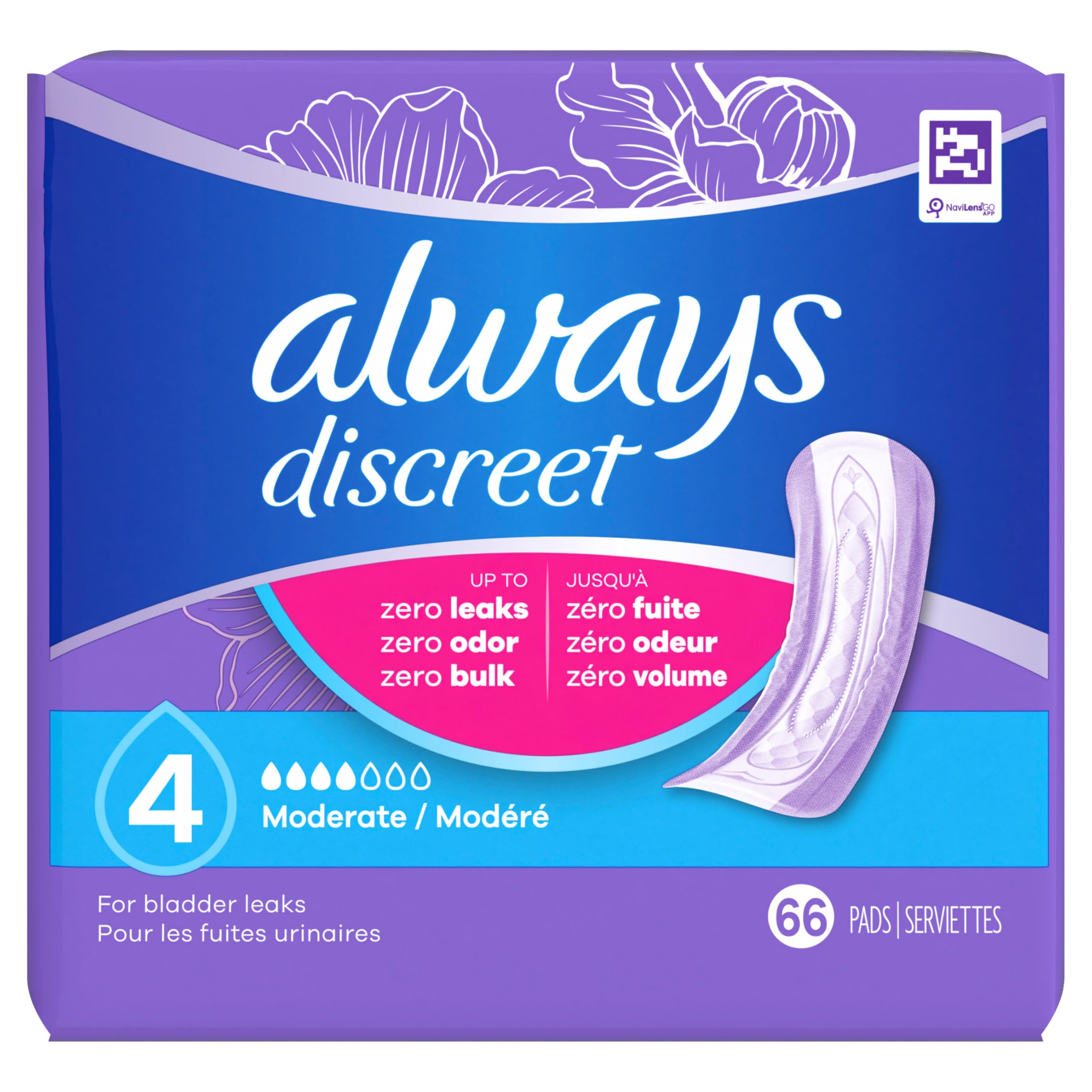 Always Discreet Adult Incontinence Pads for Women, Drier, 4 Drop Regular Length, Moderate Absorbency, Pads for Bladder Control Management, Bladder Leaks, & Postpartum Pads, 66ct