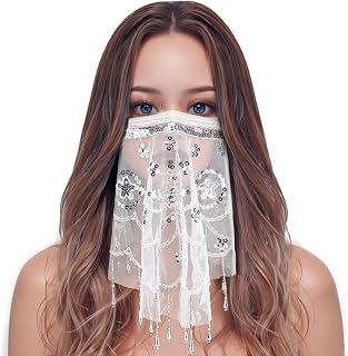 Belly Dance Face Veil, Women's Belly Dance Tribal Face Veil with Sequins for Halloween Costume Accessory, Party