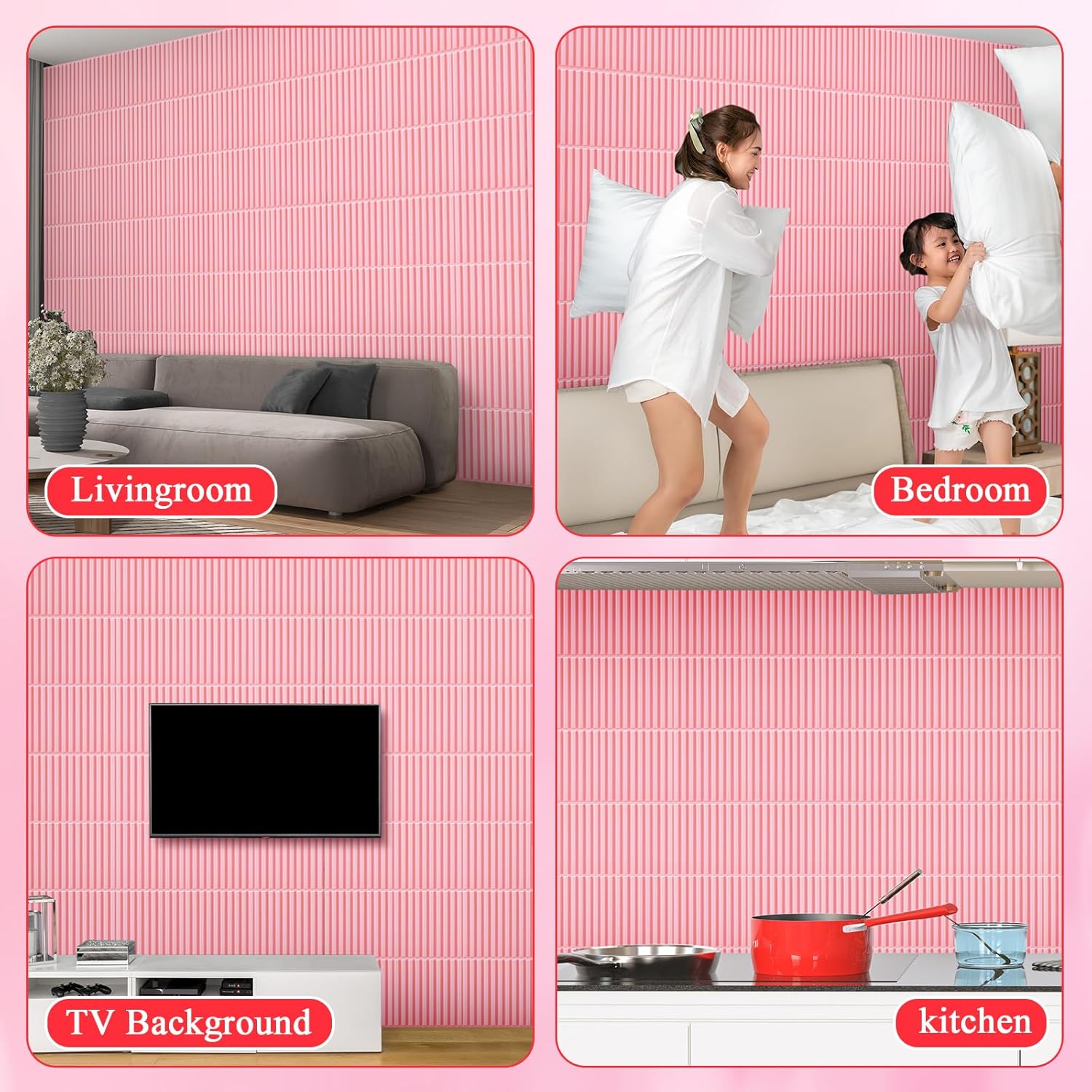 Nuanchu 32 Pcs 3D Slat Wall Panels, 12"x12" PVC Fluted Wall Paneling for Interior Decor, Paintable Waterproof Textured Tiles for Living Room TV Background Gaming Room, 32 Sq. ft Coverage (Pink)
