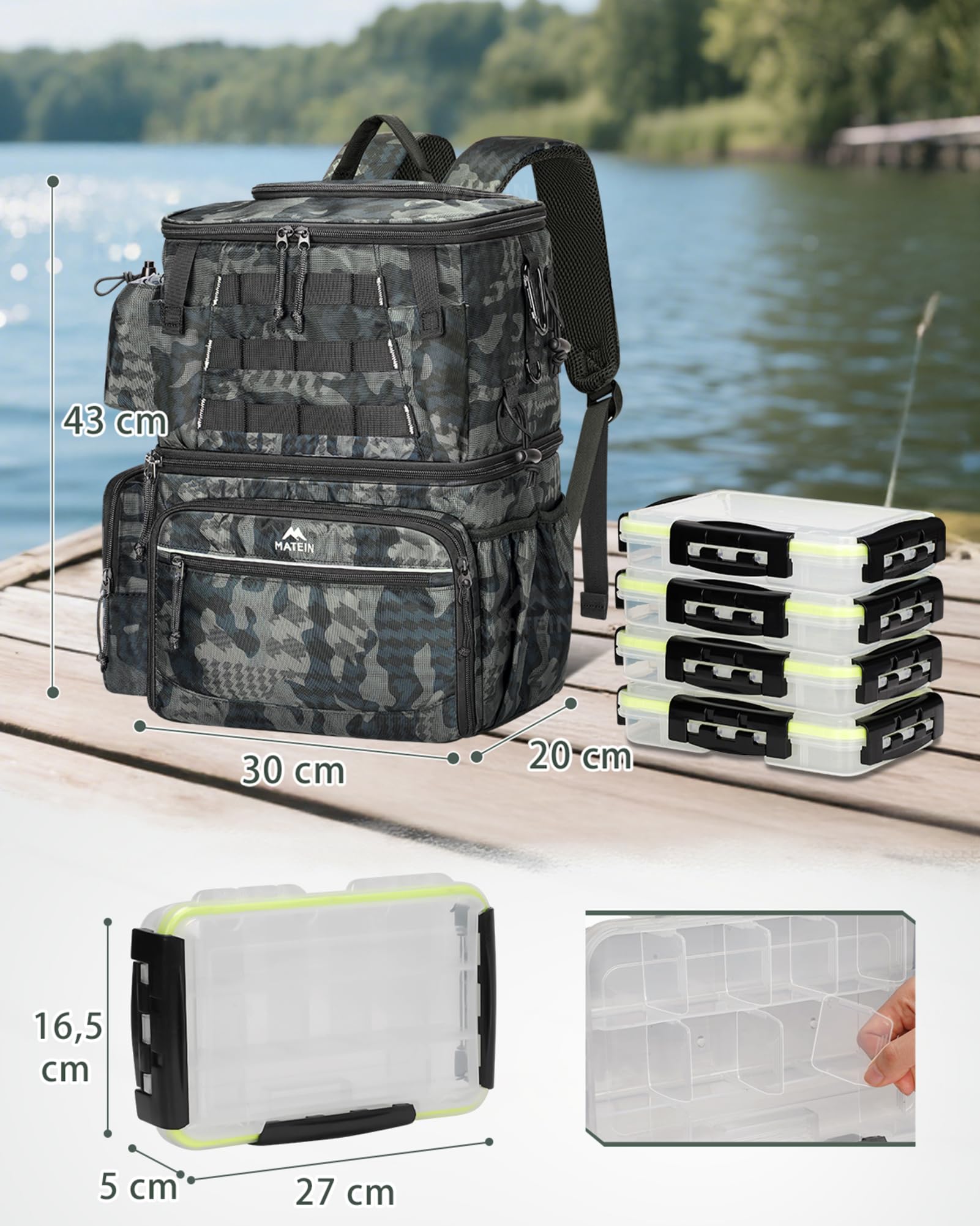 MATEIN Angelrucksack mit Boxen und Rutenhalter, Wasserdichter Angel Rucksack Herren mit Kompass und Isoliertes Kühlfach, Angelrucksack mit 4 Köderbox Angeln für Angeln Camping, Geschenke für Angler
