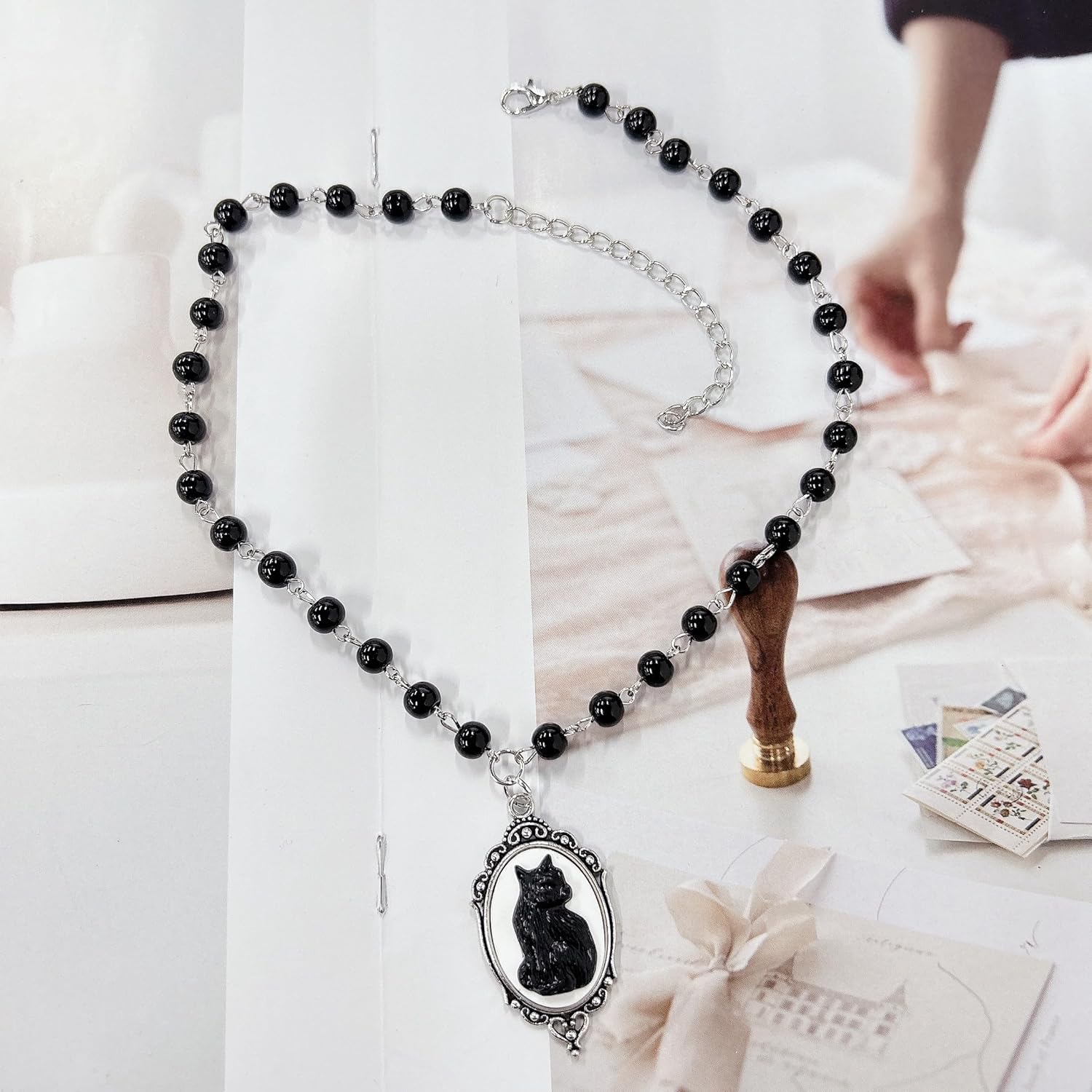 Retro Black Cat Cameo Pendant Beads Chain Choker Gothic Necklace for Women Men Goth Steampunk Antique Silver Elliptical Frame Charm Statement Mysterious Halloween Party Witch Costume Jewelry - Image 5