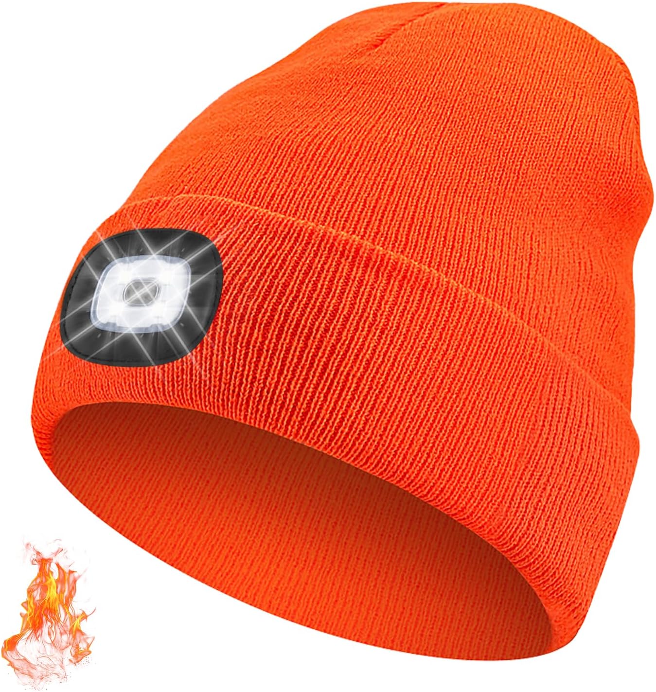 Unisex Beanie with The LED Light, Christmas Gifts for Men Women Dad Father USB Rechargeable Headlamp Caps (Orange)