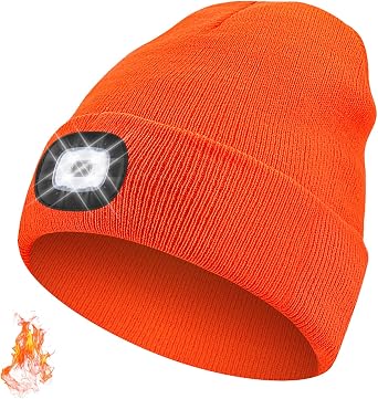 Unisex Beanie with The LED Light, Christmas Gifts for Men Women Dad Father USB Rechargeable Headlamp Caps Orange