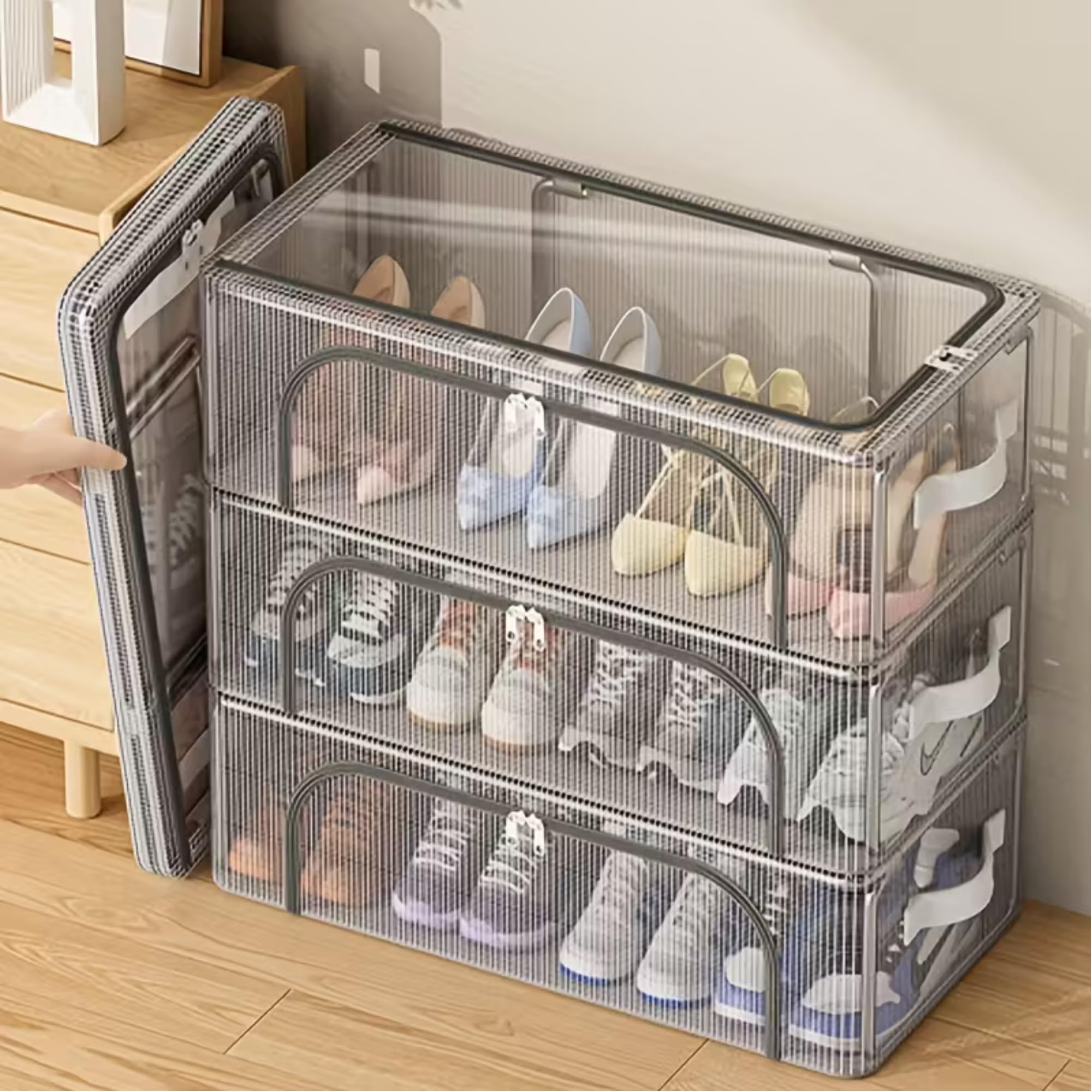 Parssufy® Large Capacity Shoe Storage Boxes with Double Steel Frame, Clear Plastic Stackable Shoe Organizer for Closet, Foldable Space-Saving Sneaker Shoe Rack Containers (PACK OF 1) 3
