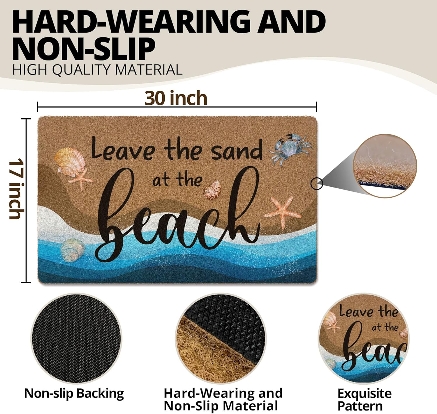 Beach Ocean Coastal Summer Door Mat,Leave The Sand at The Beach Welcome Front Door Mat Indoor Outdoor Entrance,Rustic Seashell Artificial Coir Doormat Rugs for Entry Beachy House Decor 30x17in