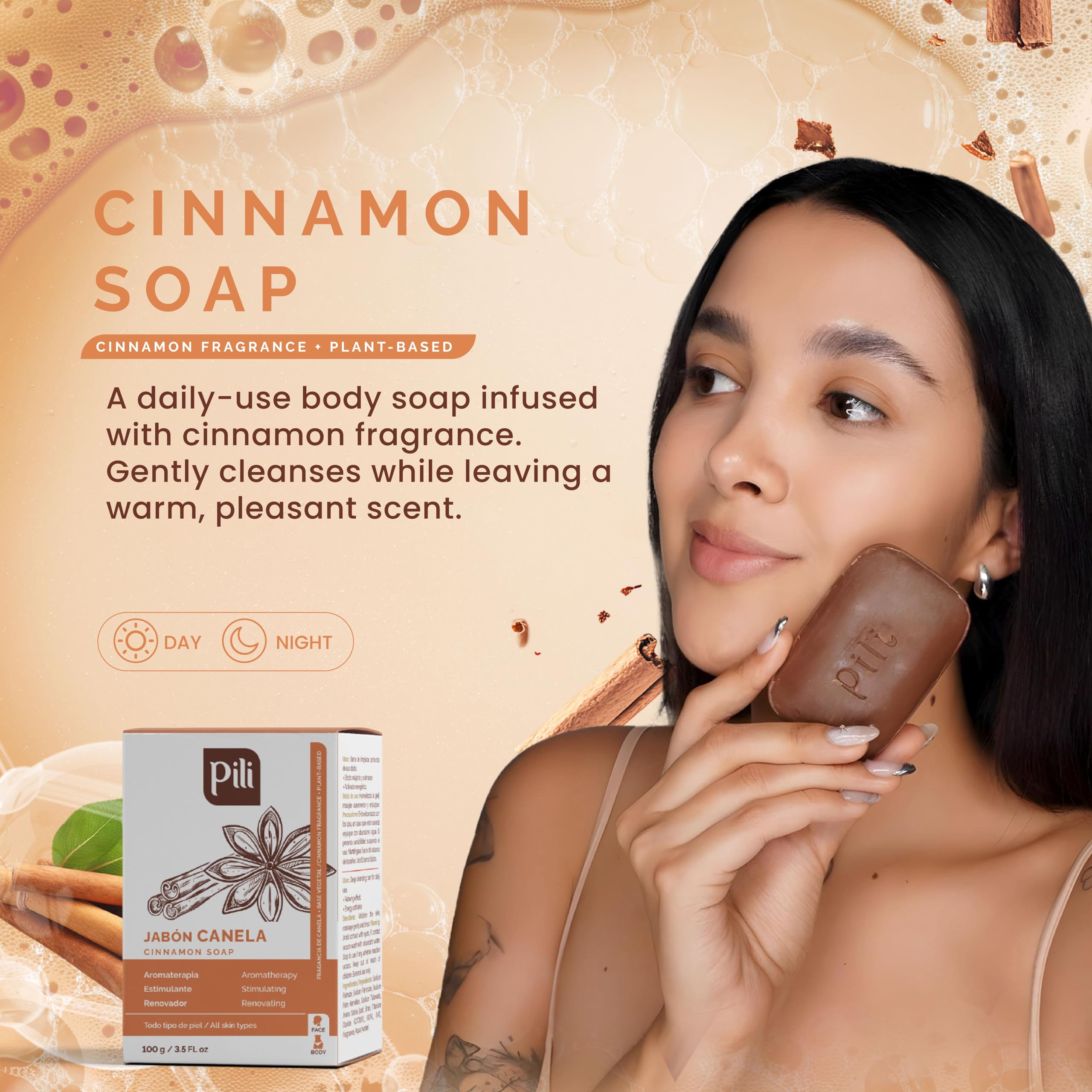 Pili Barras de jabón de canela natural (paquete de 3). Barras de jabón facial y corporal para mujeres, hombres, adolescentes y todo tipo de piel. Jabón de Canela. 3.5 oz cada una. 6