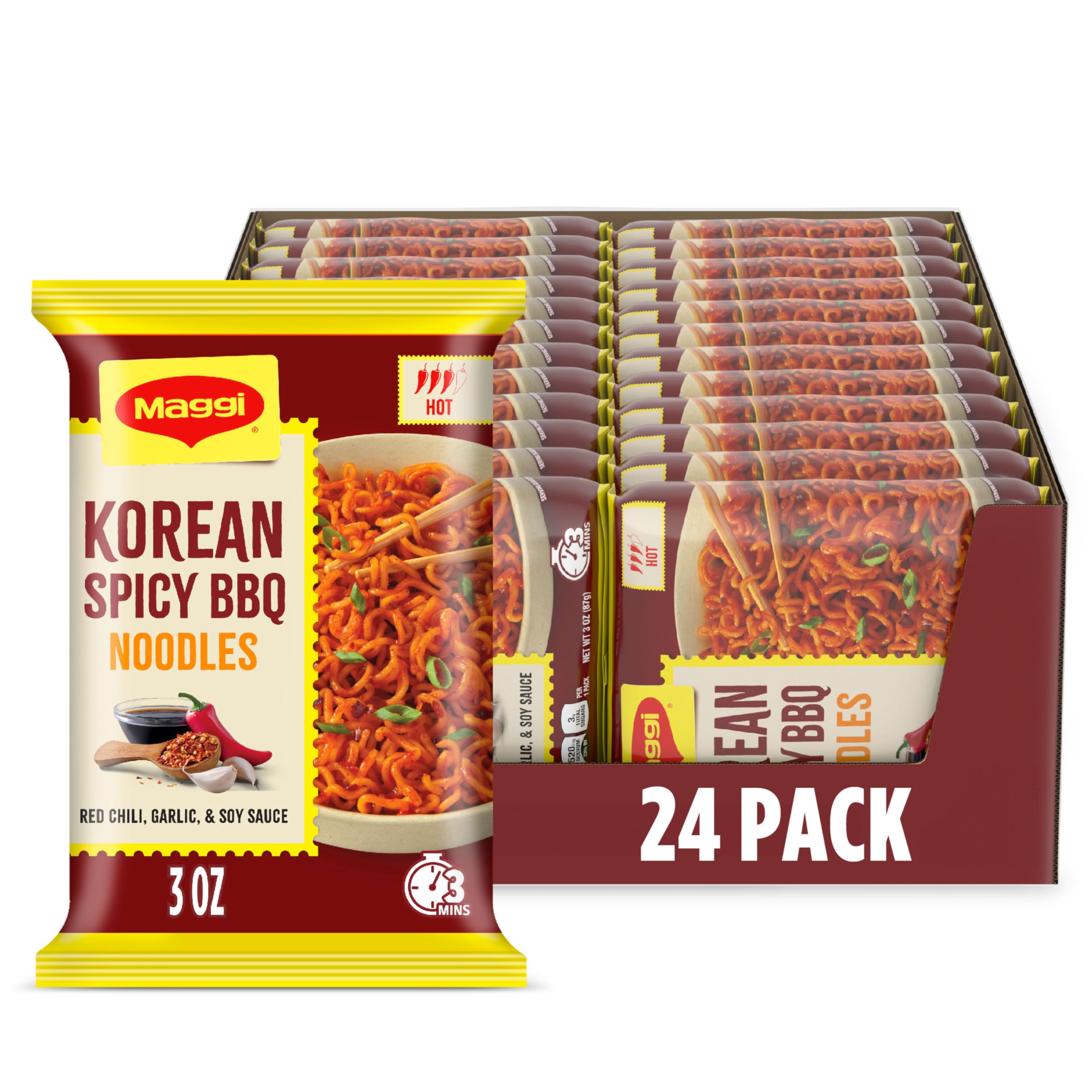 Maggi Korean Spicy BBQ Noodles, Korean Instant Noodles, 3 min, Spicy Ramen, Vegetarian, Halal, Kosher, 24-Pack Korean Spicy BBQ 0.11 Ounce (Pack of 24)