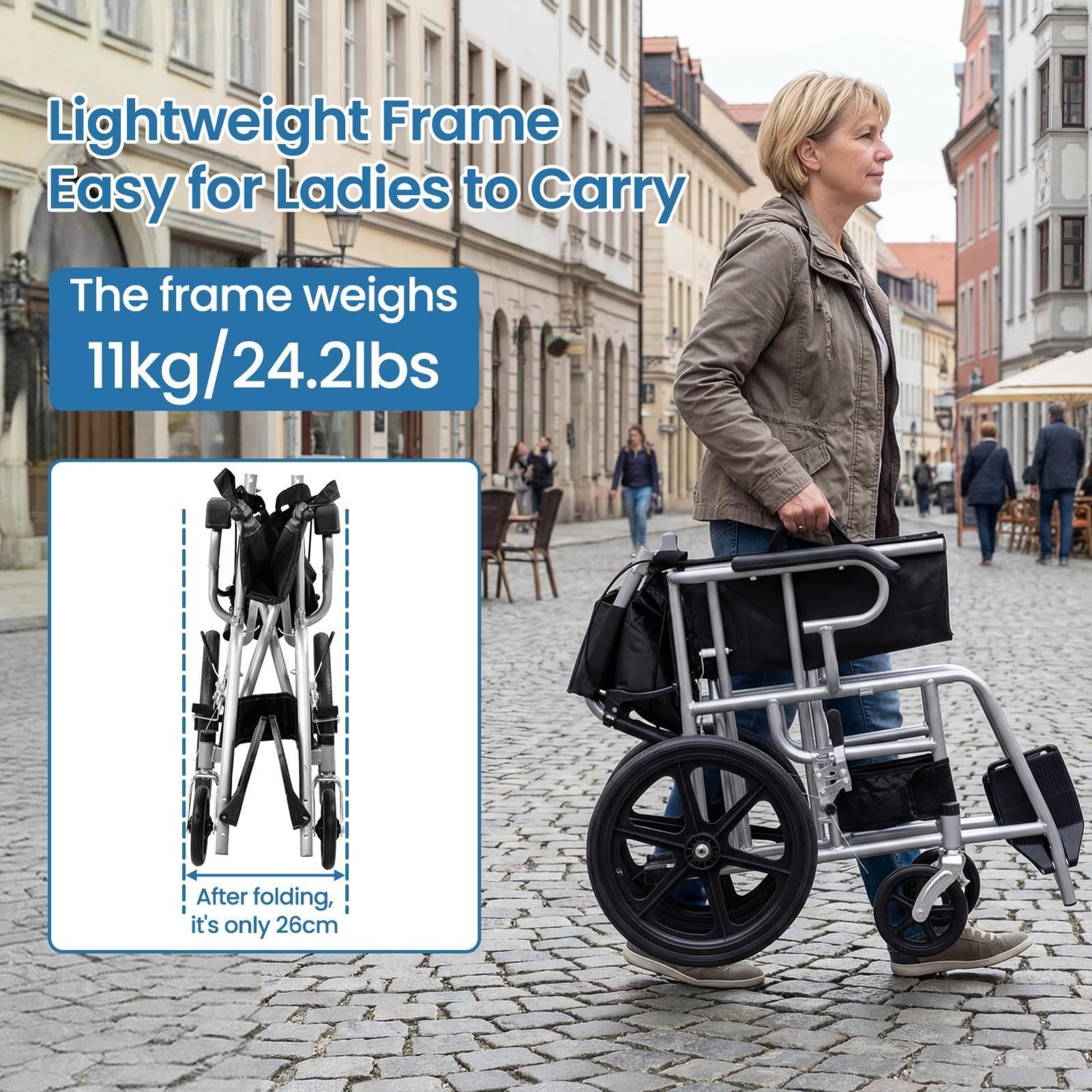 Silla de ruedas plegable ultraligera, 11 kg ruedasde viaje ultraligera | asiento de 45,5 cm, reposapiés, cinturón de seguridad, sillas de ruedas estrecha para doméstico