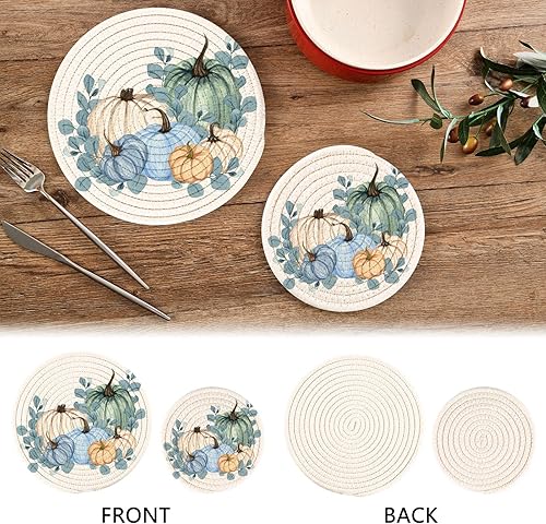 Miniatura 3 de Juego de 2 soportes para ollas de cocina de calabaza azul acuarela, juego de 2 alfombrillas de salvamanteles de temporada de otoño, 100% algodón,