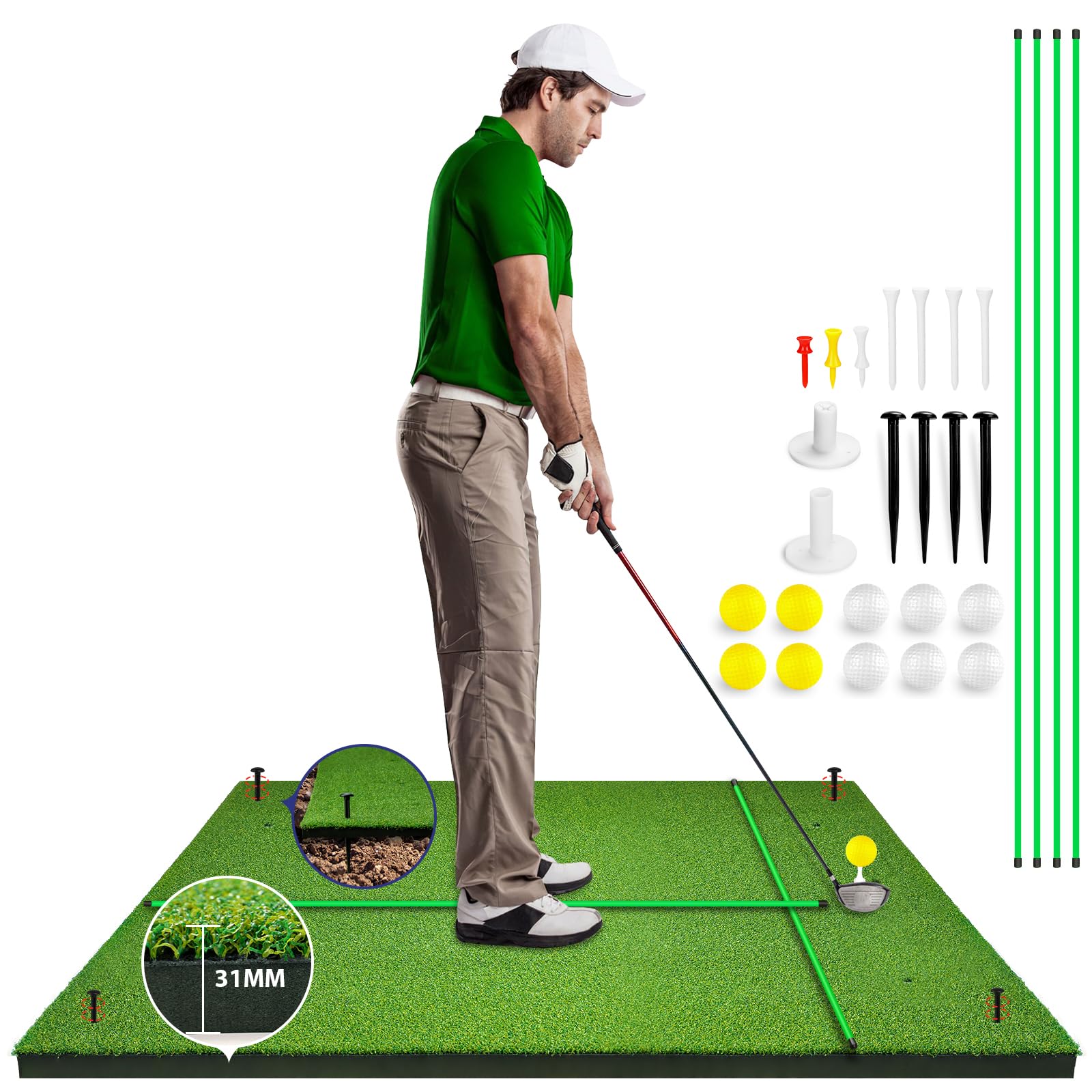Eapele Golf Mat, Thicken 31mm Golf Hitting Mat Practice Outdoor Indoor Golf Turf Practice Mat with Alignment Stick Golf Balls Golf Tee, 5×4ft Golf Swing Mat for Golf Training in Backyard and Garage