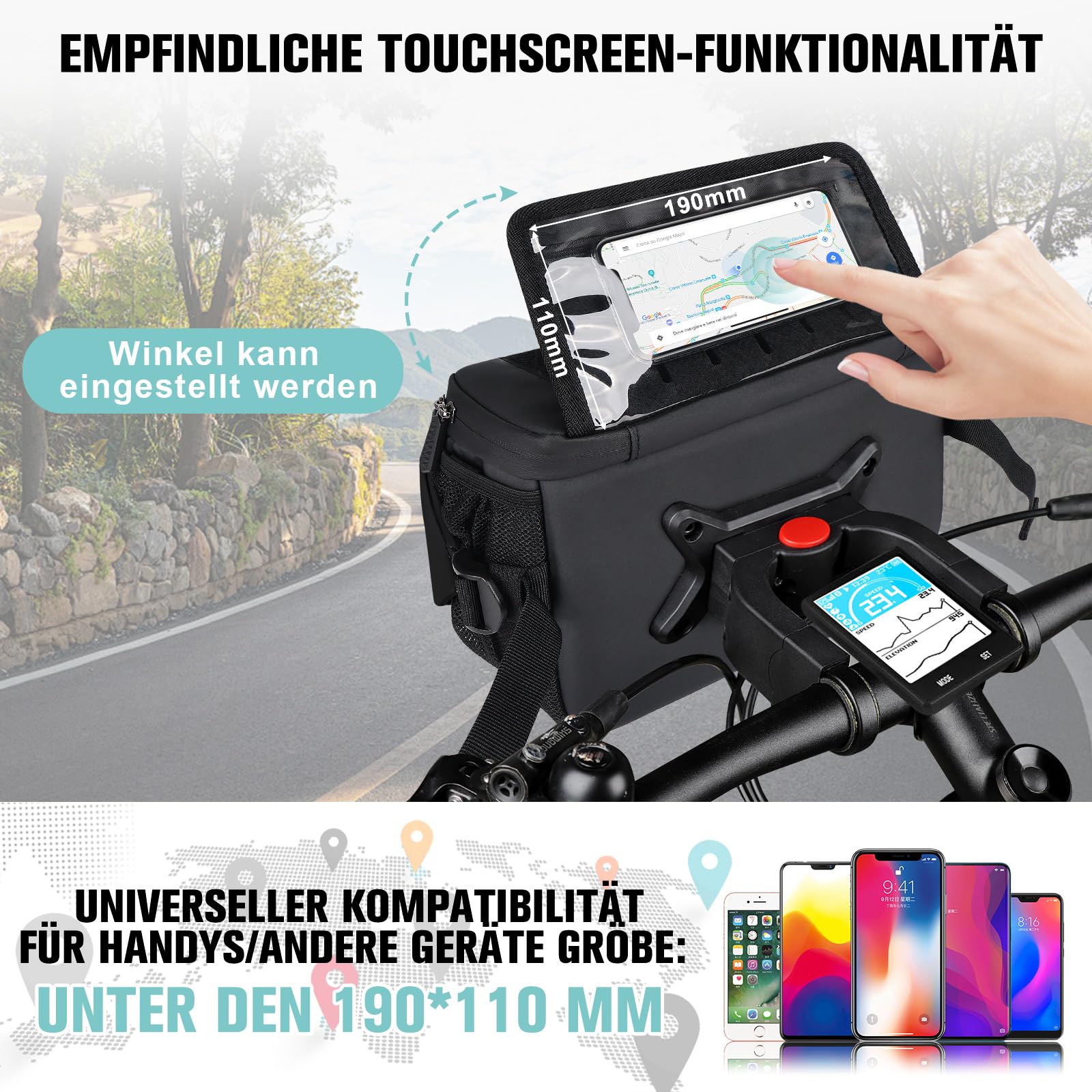 GXCROR Sacoche de guidon de vélo 4,7 l avec ouverture rapide | Support stable pour la ville et le trekking | Imperméable + compartiment pour téléphone portable + porte-gobelet