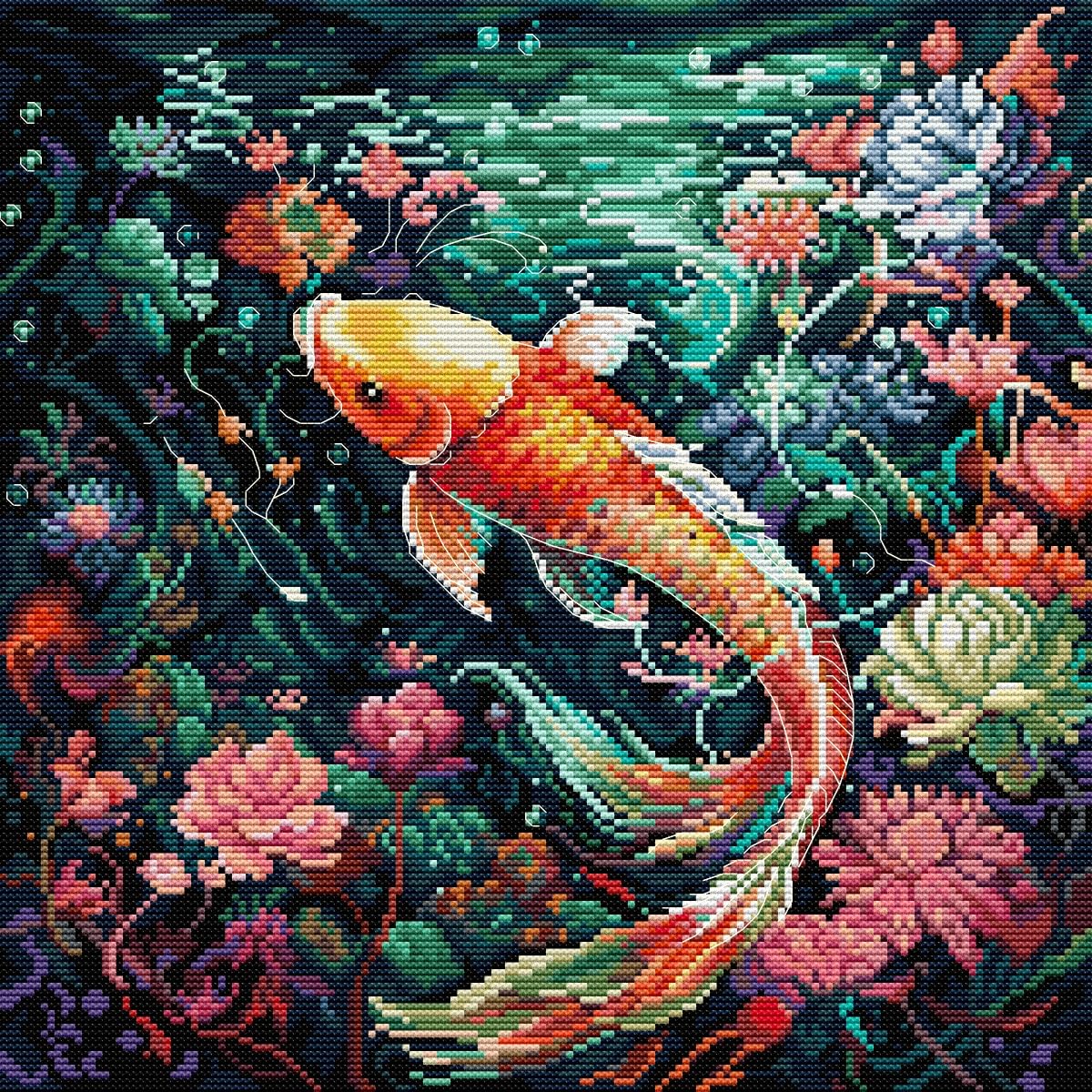 Awesocrafts Koi Cross Stitch Stamped Kits Carp Among Flowers Easy Patterns Cross Stitching Embroidery Needlework Kit Supplies 14Ct 2 Strands