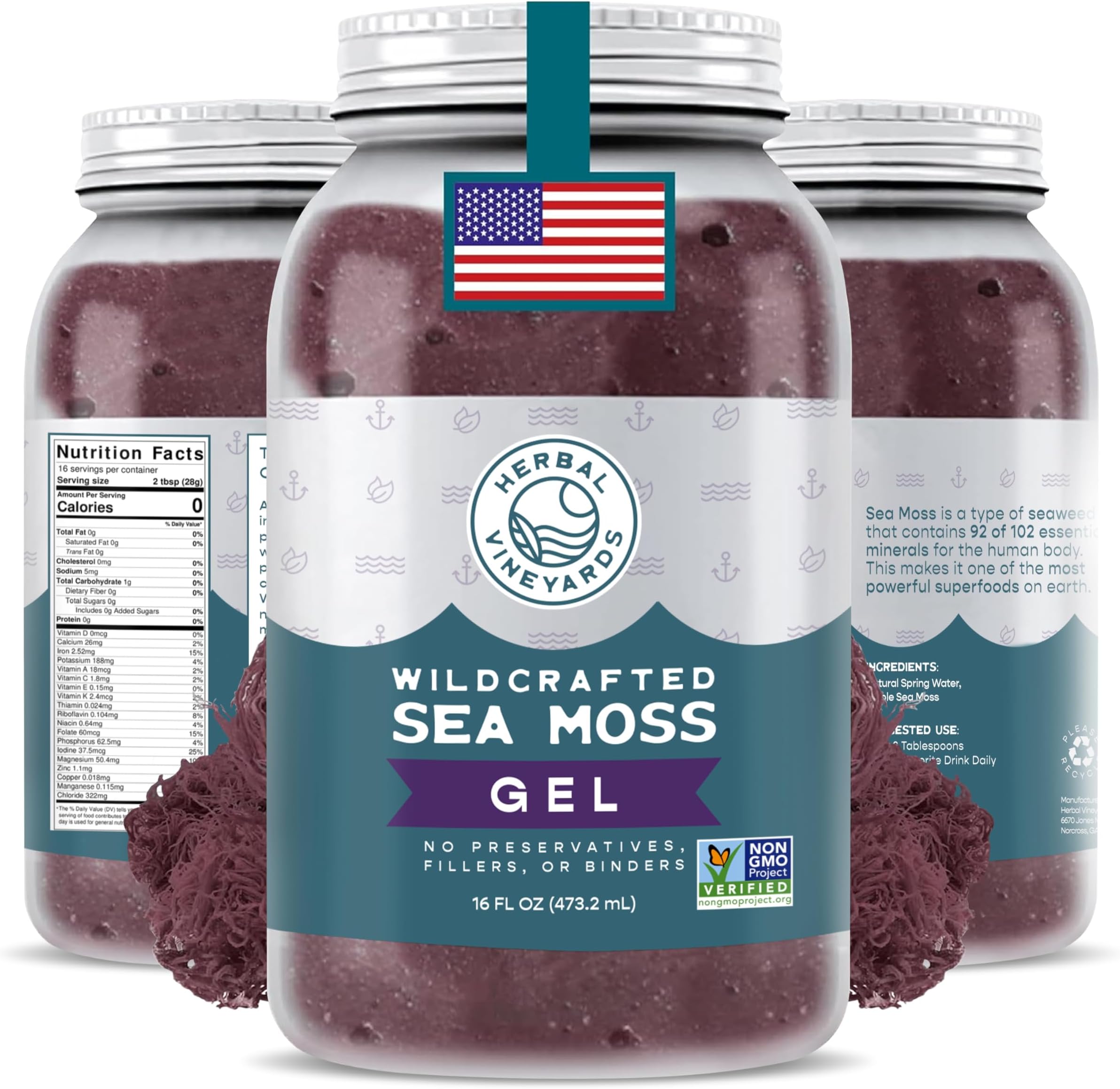 Herbal Vineyards Wildcrafted Irish Purple Sea Moss Gel 16 Oz - Organic Seamoss Gel Made with Dried Seaweed & Fresh Sea Vegetables, Natural & Plant-Based, Harvested in Pristine Waters, USA