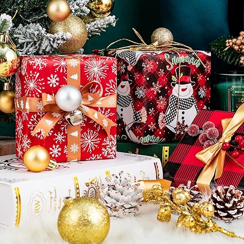 Miniatura 6 de LeZakaa Rollo de papel de regalo de Navidad, muñeco de nieve, copo de nieve, cuadros rojos y negros para envolver regalos, manualidades, 30 x 120