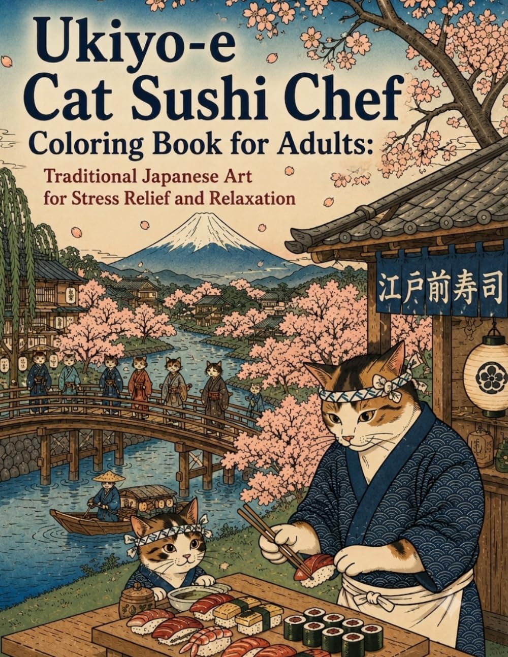 Ukiyo-e Cat sushi Chef Coloring Book for Adults:Traditional Japanese Art for Stress Relief and Relaxation: Japanese Art / Woodblock Print / Stress Relief / Mindfulness / Ukiyo-e Cat sushi Chef