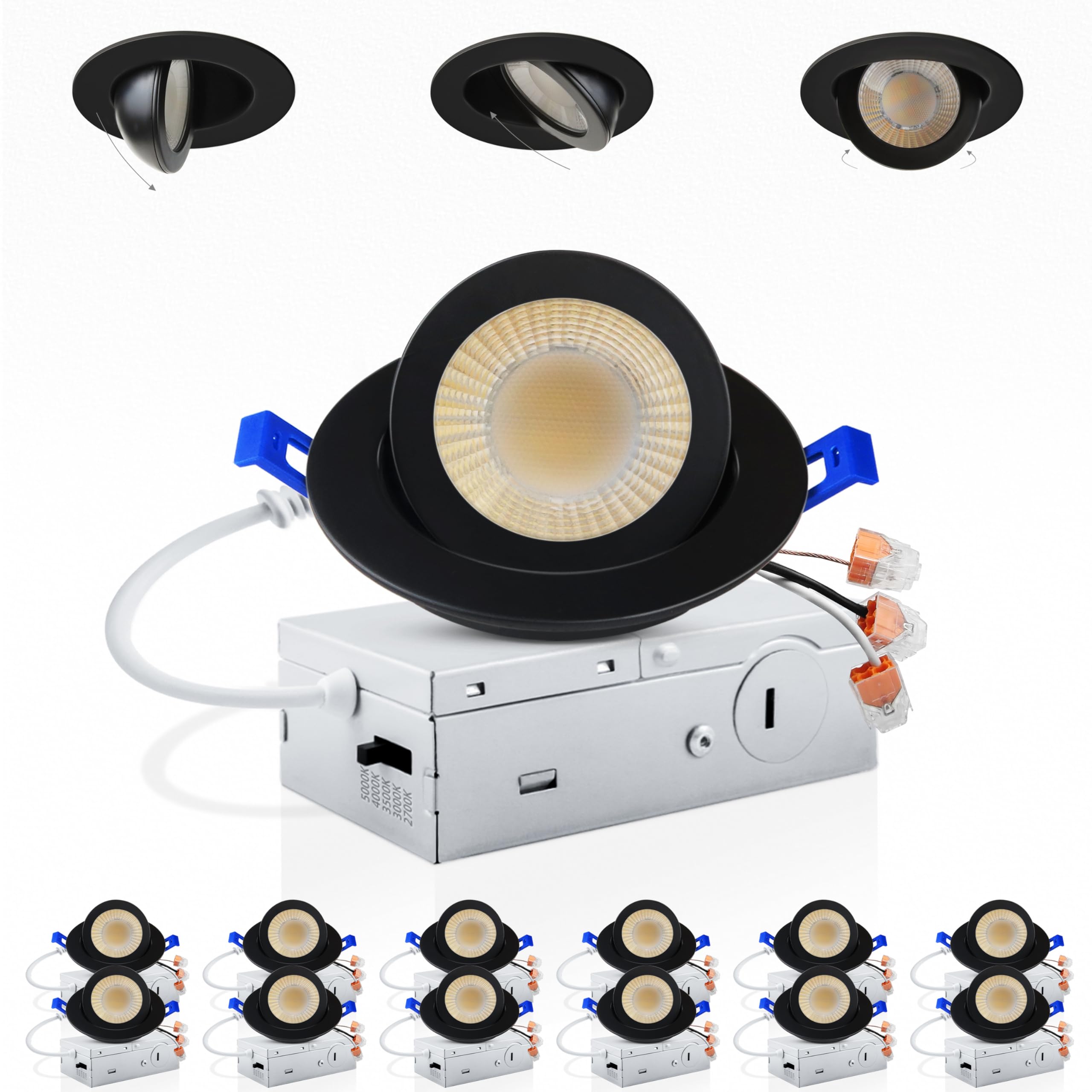 Photo 1 of Adetu 12 Pack 3 Inch 5CCT Black Gimbal LED Recessed Lighting, 7W, 798LM