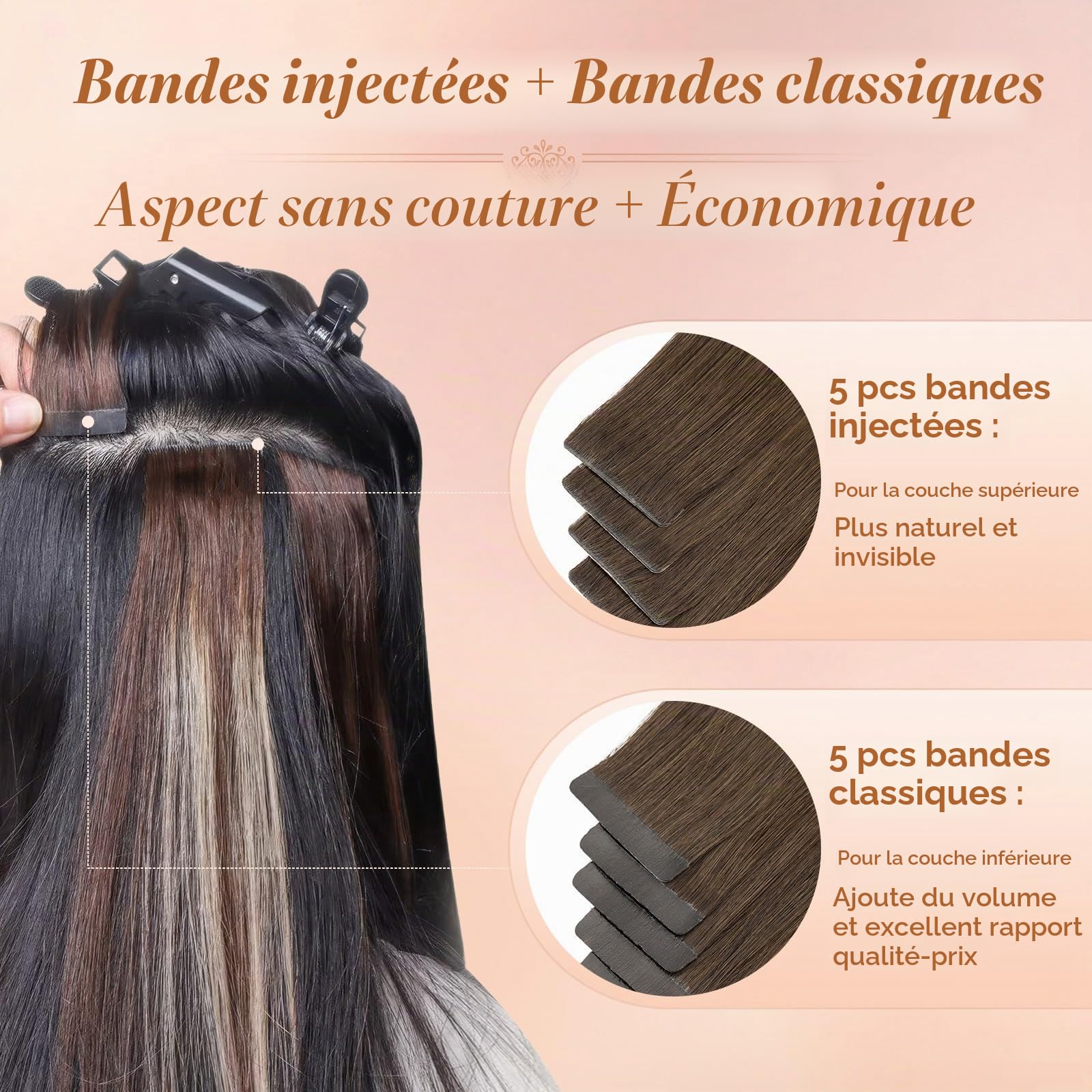 MY-LADY 10pcs Extension Adhesive Cheveux Naturel 20 Pouces 5pcs Injection & 5pcs Classique Tape in Hair Extensions Invisible Rajout Cheveux Adhesif 25g #02 Marron Foncé