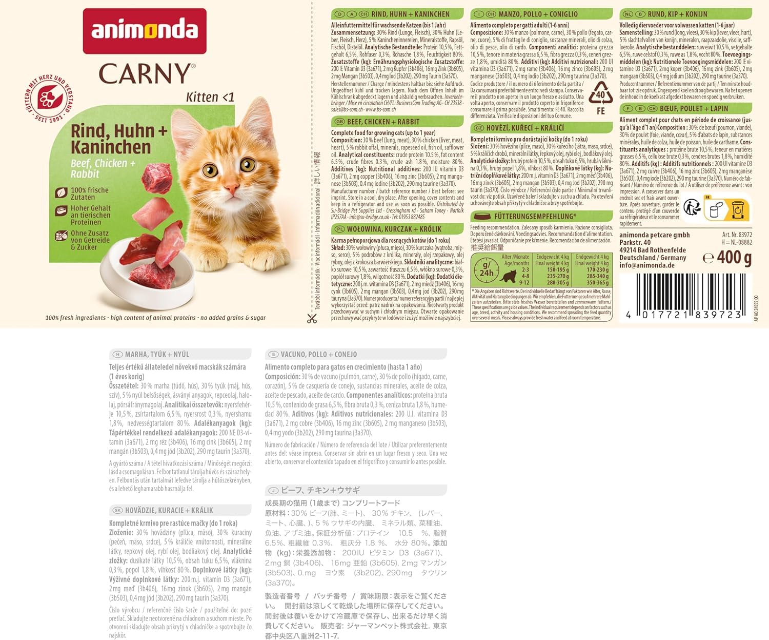 animonda Carny Kitten, cibo umido per gatti, Manzo, Pollame + Coniglio 12 x 400 g