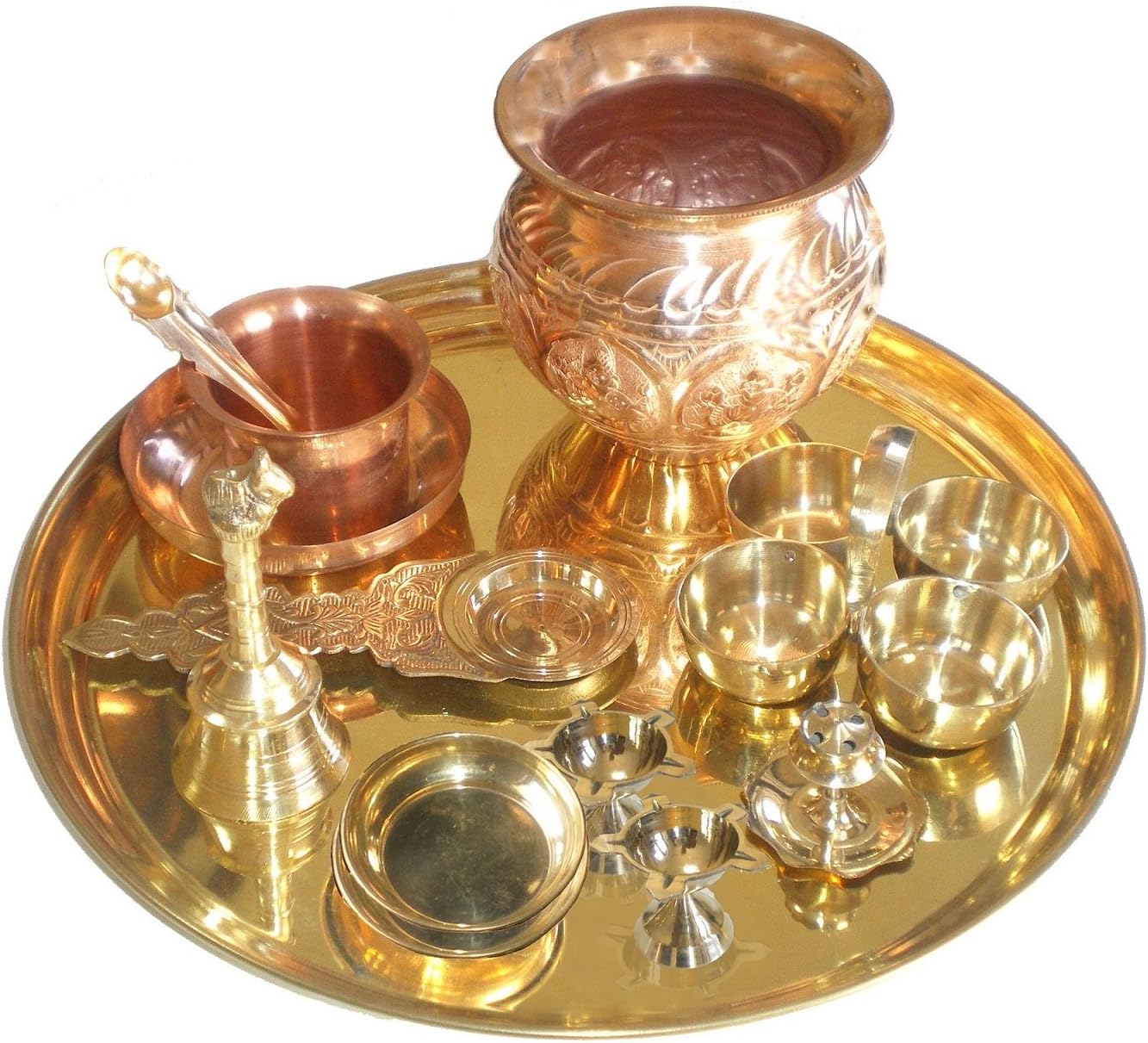 Pooja puja Brass Thali Set Laxmi Ganesha Diwali Pooja puja Set Thick Brass Plate 12 Inches, Bell, Bowl, Prayer Brass Set Kalash Diya AGARBATTI Stand,puja Pooja Complete Set for Hindu puja Home Decor