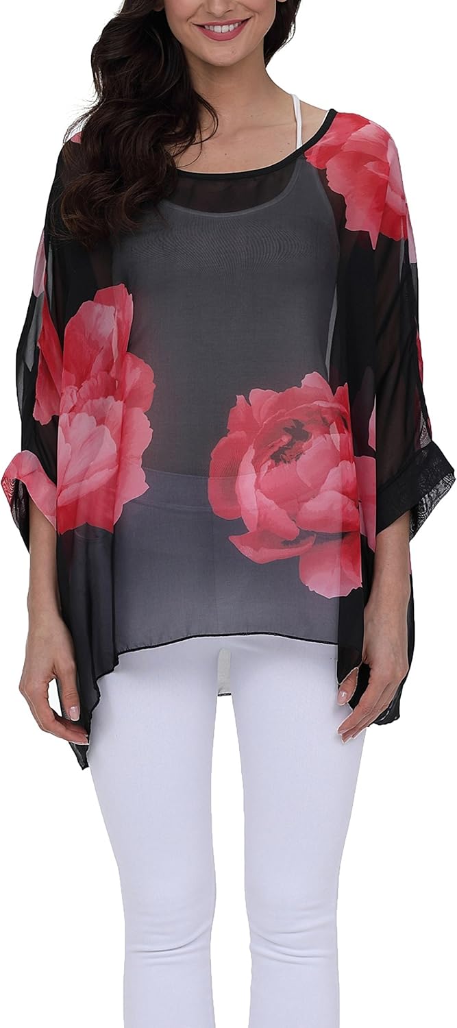 Plus Size Floral Chiffon Batwing Sleeve Tunic Blouse Boho Off-Shoulder Beach Cover Up Loose Summer Tops for Women - Image 3
