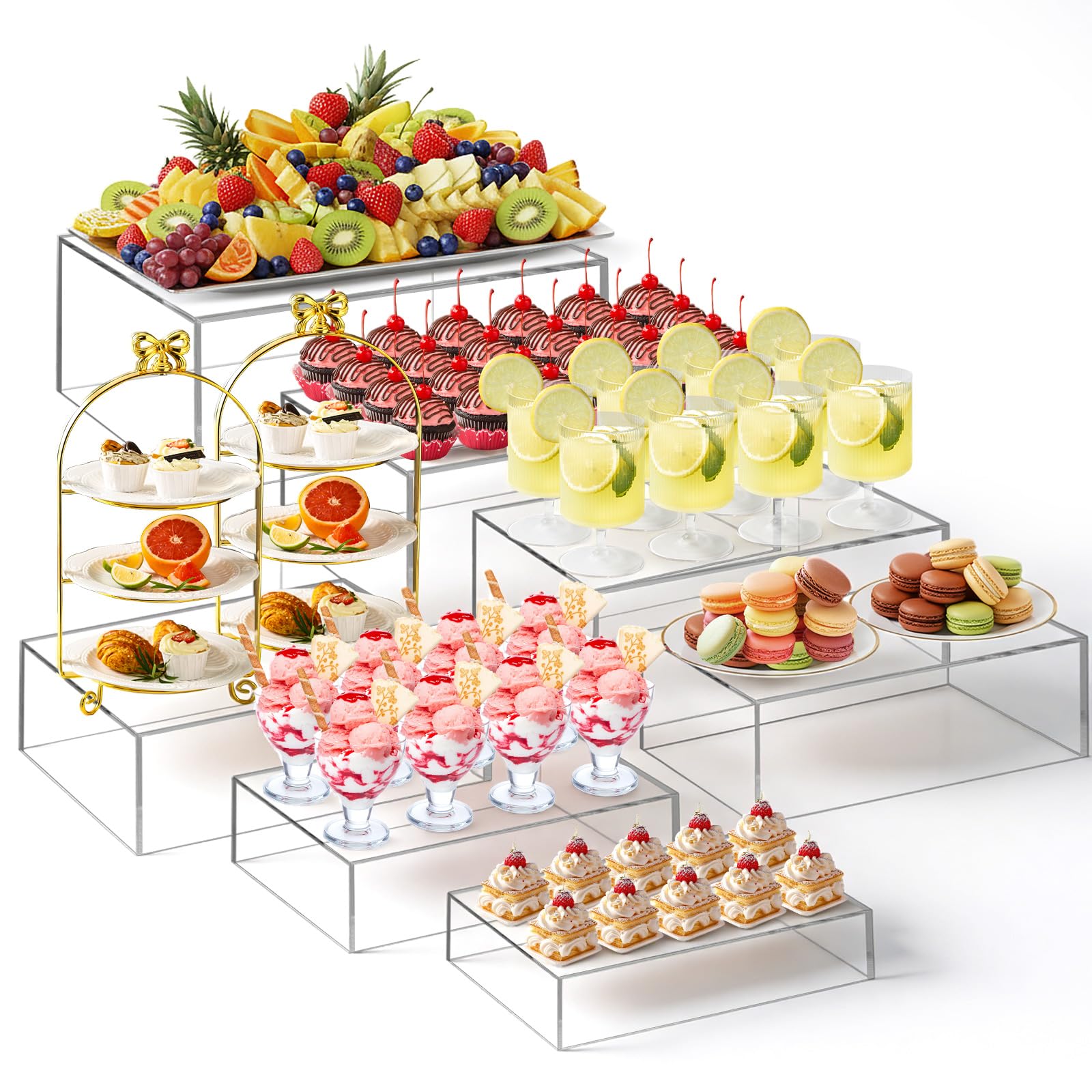 Photo 1 of Leinuosen 7 Pcs Extra Large Buffet Risers Set 10" to 16" Rectangle Acrylic Display Box Catering Dessert Table Riser Food Display Decorative Stand with Hollow Bottom for Catering Supplies(Clear)