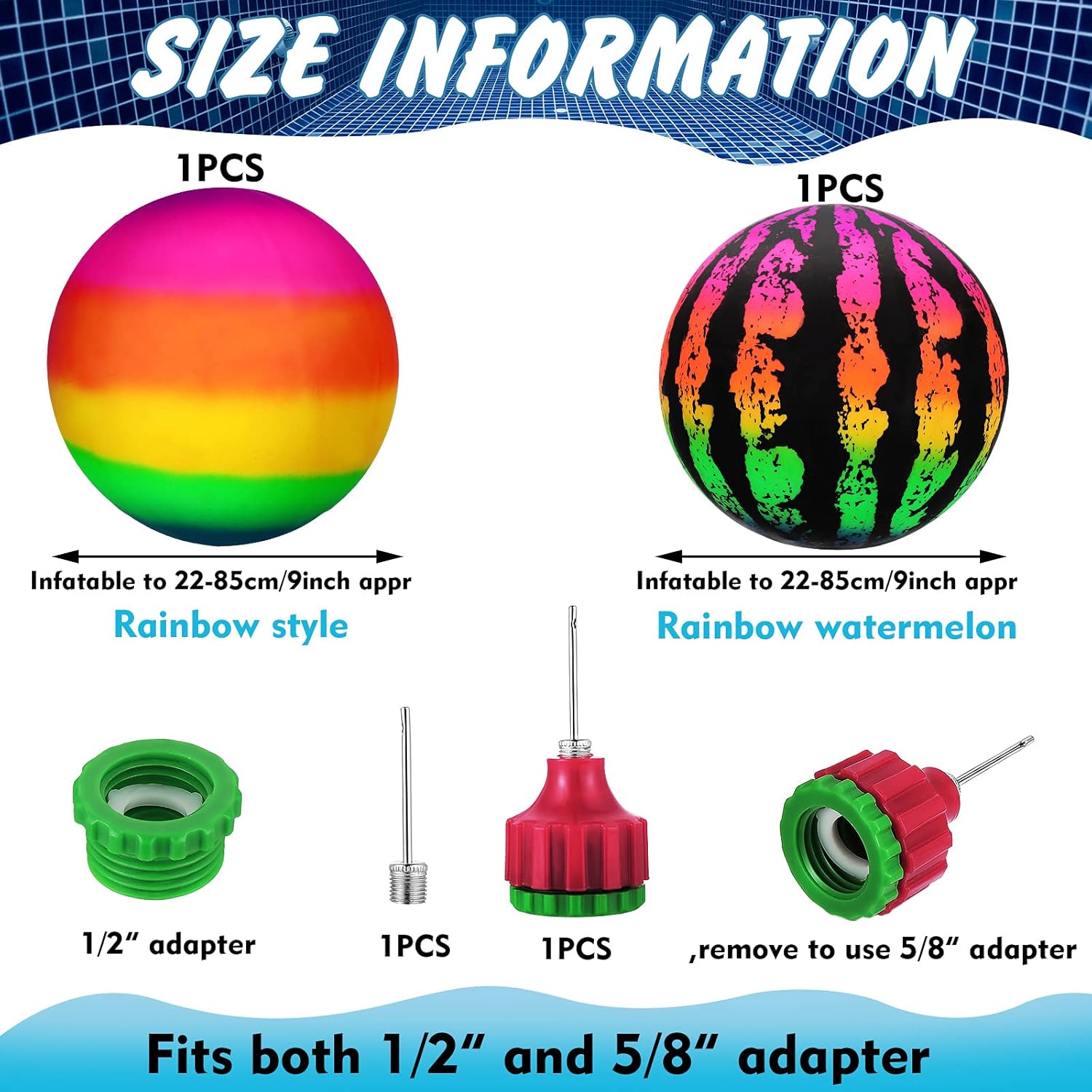 Skylety 2 Pcs Swimming Pool Diving Balls 9 Inch Underwater Pool Watermelon Rainbow Inflatable Ball with Hose Adapter for Under Water Passing Dribbling Diving for Adult